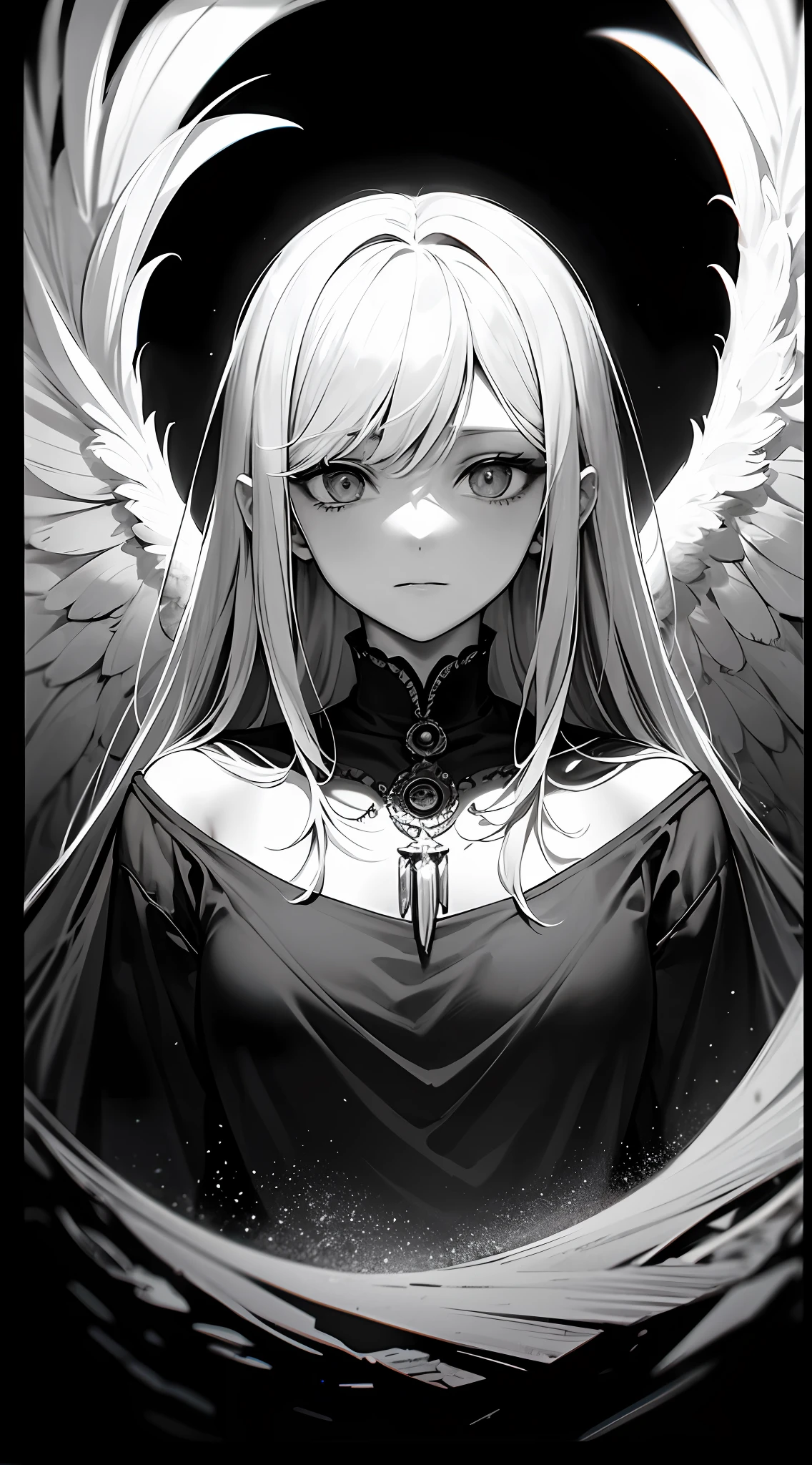 tmasterpiece,Portrait of an angel in prayer,Evil countenance,Three eyes,eye closeds,Black and white wings,A frame eroded by darkness and light