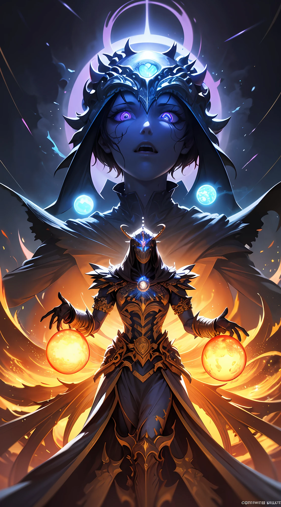 (android mechanical lich hovering above a gothic cathedral)=2.0, robot wings:Unholy Bioluminescent Flame,earnst haeckel, james jean. generative art, baroque, intricate patterns, fractalism, movie still, photorealistic, intricate, elegant, highly detailed, artstation, smooth, sharp focus, illustration, outrun, vaporware,epic wide angle shot, (monsters trapped in orbs of pure unholy celestial aura), angle from side, (Golden Death Mask) = 1.8, cinematic lighting, (unholy fire raining in the background lighting the scene) = 1.0, Yawning:Blank Stare, (looking at viewer), {Masterpiece}, ((Massive Unholy blue flame meteors falling in background))=1.7