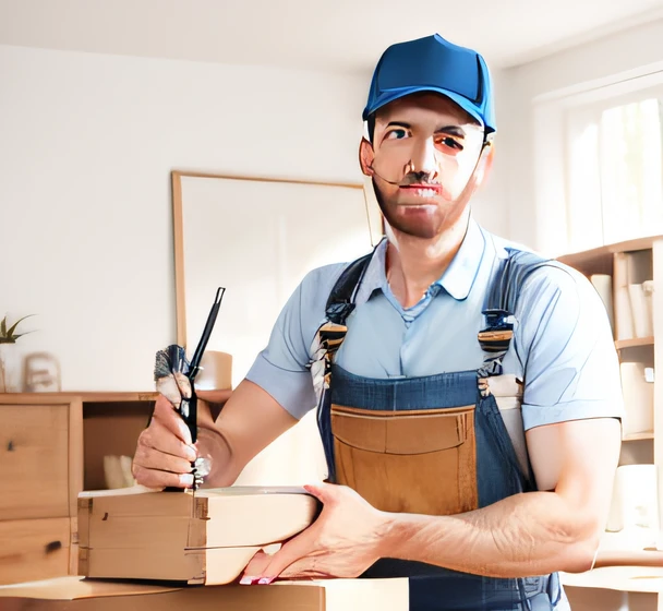 Man in blue overalls and blue hat opening small dresser, carpinteiro, bem como o faz-tudo, Material de alta qualidade BSSRDF, trabalho profissional, profissionalmente, muito profissional, foto de perfil, cabinet furniture, instagram post, delivering wooden chest of drawers, profissional, profissional, vestindo uniforme de encanador, inspect in inventory image, wooden furniture, Ad image --auto