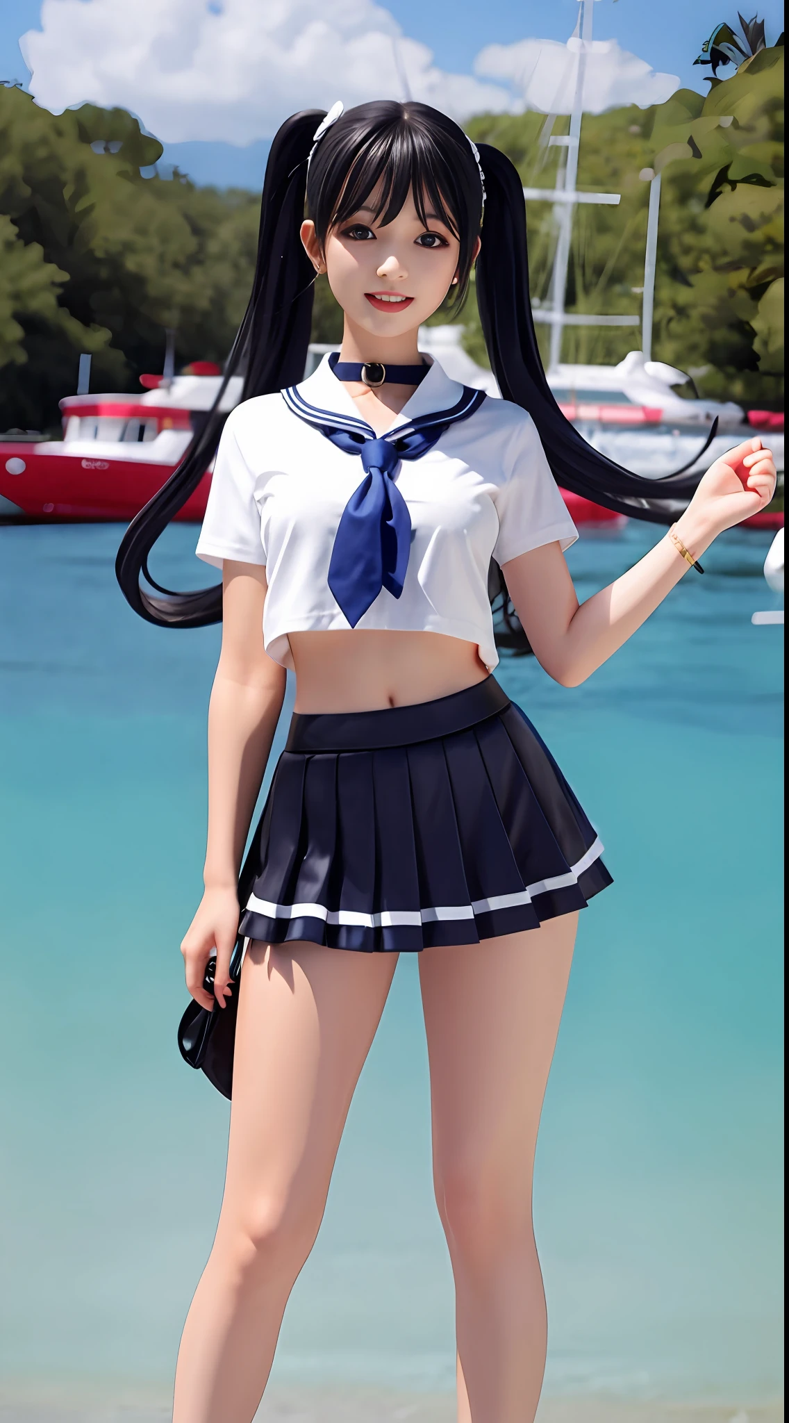 1girl,petite,loli,solo,longhair,skirt,sailorcollar,blackhair,navel,lookingatviewer,blackskirt7,miniskirt,barefoot,see-through,neckerchief,croptopoverhang,croptop,pleatedskirt,water,schooluniform,midriff,shirt,serafuku,twintails,verylonghair,fullbody,miniskirt,bareshoulders,whiteshirt,blueeyes,barelegs,thighs,breasts,blacksailorcollar,bangs,stomach,blueneckerchief,partedlips,floatinghairstanding,