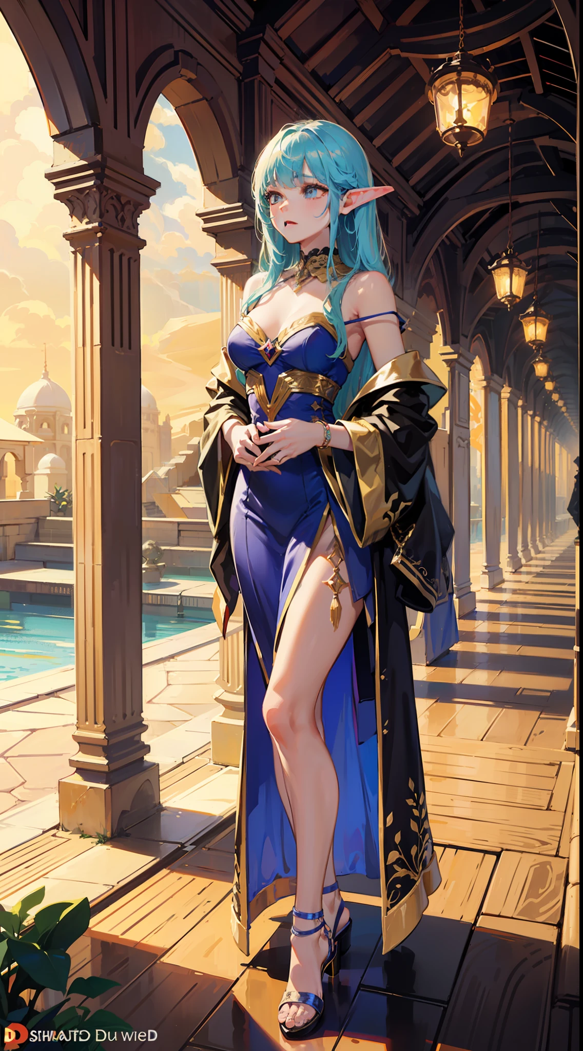(((master part))), (((UHD))), (((pele texturizada))), (((anatomicamente correto))), (((Super Detalhe))), (((Detalhes altos))), (((alta qualidade))): Descreva uma cena encantadora de uma jovem elfa, Caminhando no deserto, vestindo roupas de mago. The elven girl is depicted with textured and smooth skin, highlighting its magical and enchanting nature. Every anatomically correct detail is carefully crafted, emphasizing its graceful and ethereal appearance. Ela usa roupas de mago, com tecidos fluidos e detalhes intrincados que revelam seu papel como portadora de magia. The colors of the clothes can be as vibrant as the golden sand dunes of the desert, adding a touch of magic to the scene. The elven girl walks with elegance and curiosity, his delicate feet gently touching the warm sand. Seus cabelos longos e brilhantes fluem ao vento, highlighting your connection to the nature around you. The desert scenery is spectacular, com dunas ondulantes, exotic palm trees, and a vast blue sky. O sol brilha intensamente, casting soft shadows and creating a magical atmosphere in the air. Image quality is exceptional, with ultra-high resolution (((UHD))), permitindo que cada detalhe seja apreciado com clareza e nitidez. Every feature of the elven girl's face, as dobras de suas roupas, and the details of the desert landscape are worked out with super detail (((Super Detalhe))), Creating an immersive and magical visual experience. Esta alta qualidade (((alta qualidade))) The visual depiction of the elven girl in the desert is a true masterpiece. Capturando a beleza e a magia da natureza e da fantasia, The scene conveys a sense of wonder and enchantment. It's a tribute to the imagination and the magical world of fantasy stories.