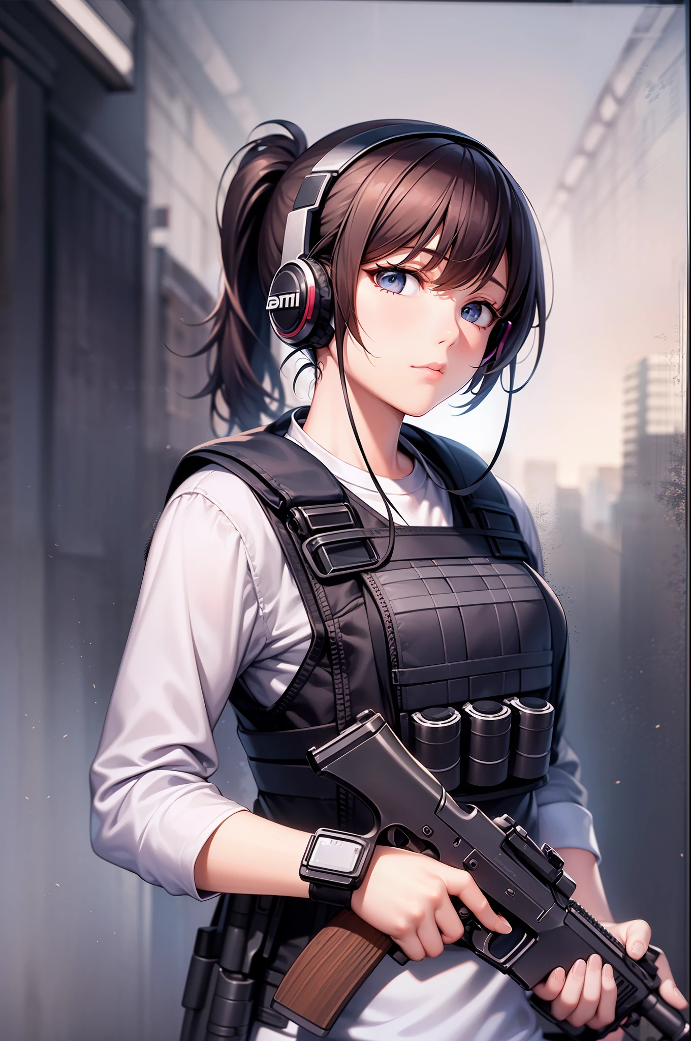 (dynamic blur)，tmasterpiece，最好质量，HighestQuali，(Hyper-Resolution)，Realistic painting style，((darkly))，Solo，(A woman who is，pony tails，Short shirt and bulletproof vest，Protective goggles，Tactical headsets)，((With a gun in his hand))，(Perfect upper body for women)，looking at viewert，Stand on a ruined street