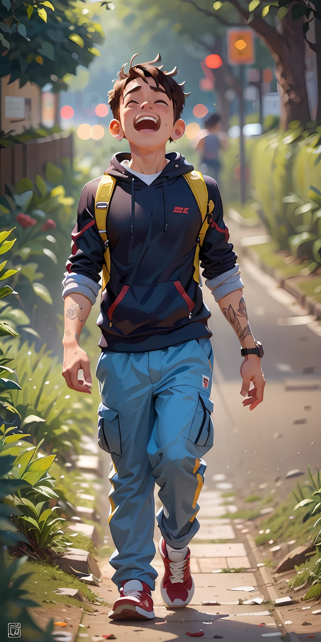 There is a boy walking down a path in the city, car marks on the ground, looking at the floor, pensativo, Looking for something on the ground, arte conceitual do solteiro, inspirado em Goro Fujita, Arte infantil em Artstation, anime exuberante john 8k madeiras, Arte no estilo de Guweiz, retrato de corpo inteiro de um curto!, Makoto Shinkai Cirilo Rolando, Cyril Rolando e Goro Fujita