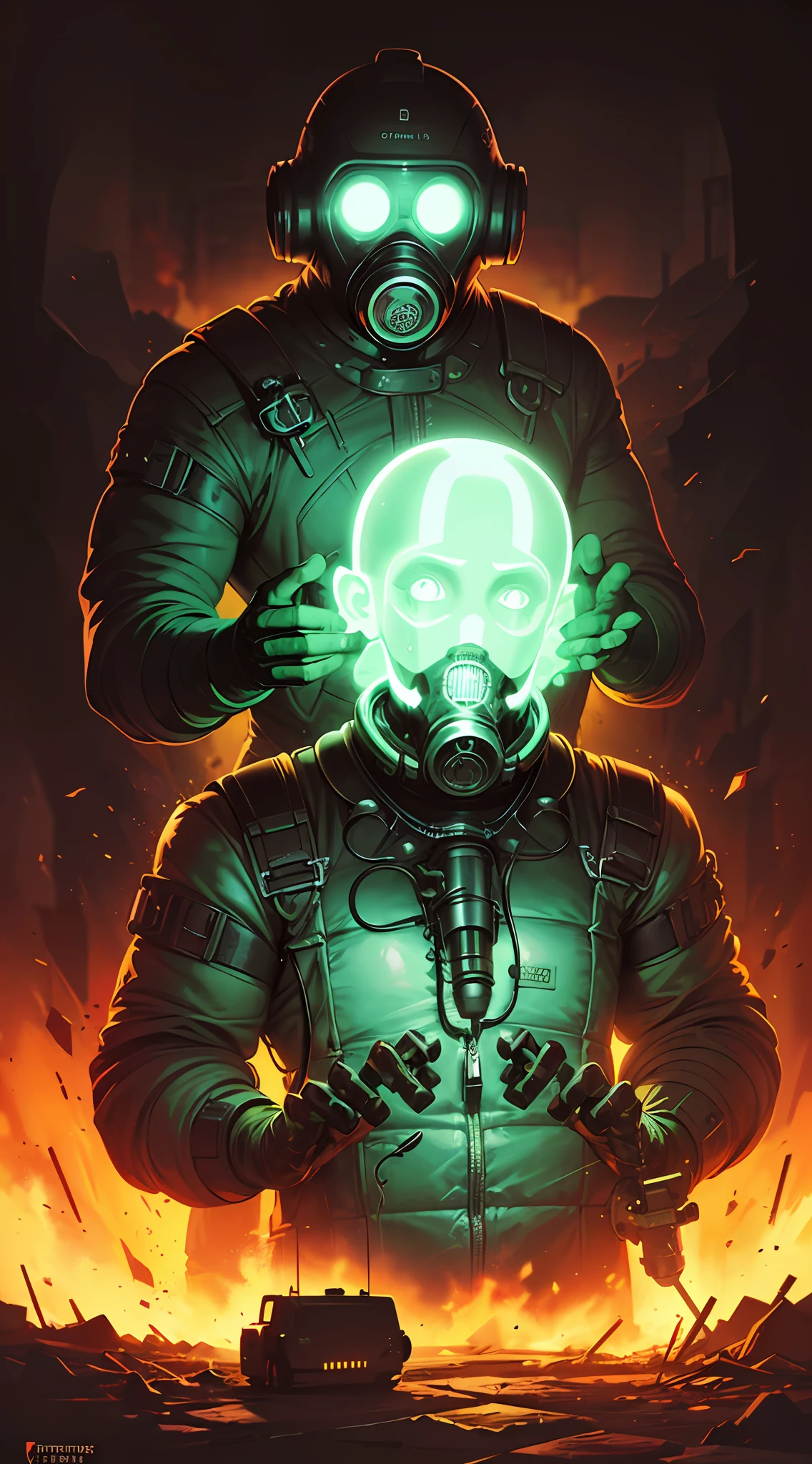X-ray, Amazing anatomy, (Fantastic Horror Perfect art, 64K Ultra HD:1.1), (art by apterus, Art by Dan Mumford, The Art of Lovecraft:1.2), Best quality, 500px, CGSesociety, humanoid creature, A gas mask is fused on the head, nuclear fallout, Gloomy, Dark, green glow