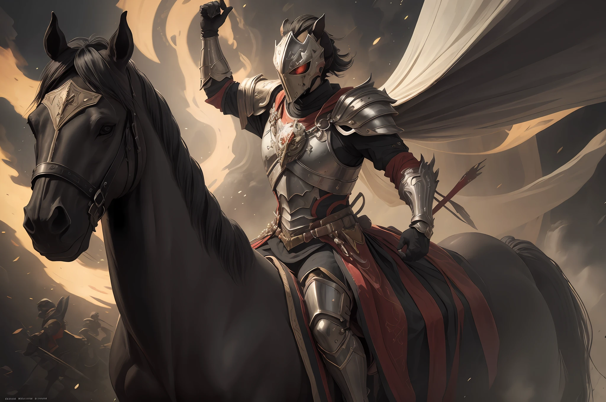 um cavaleiro com armadura brilhante, montado em um (((cavalo negro ))). A Horseman of the Apocalypse holding a scaled Hands, in battle position.