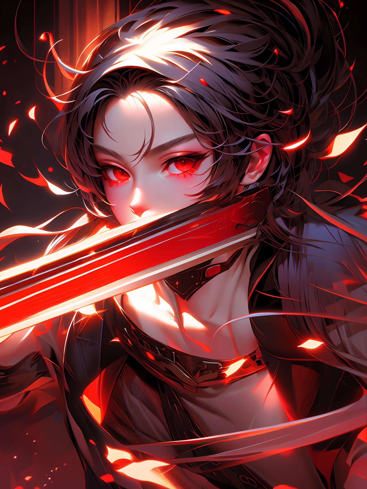 anime girl with a sword in her hand and a red light in the background, artwork in the style of guweiz, guweiz, by Shitao, unknown artstyle, g liulian art style, cyberpunk shading, digital cyberpunk anime art, painted in high resolution, guweiz on artstation pixiv, anime cyberpunk art, cyberpunk anime girl,masterpiece, best quality, (extremely detailed CG unity 8k wallpaper), (best quality), (best illustration), (best shadow), absurdres, realistic lighting, (Abyss), beautiful detailed glow