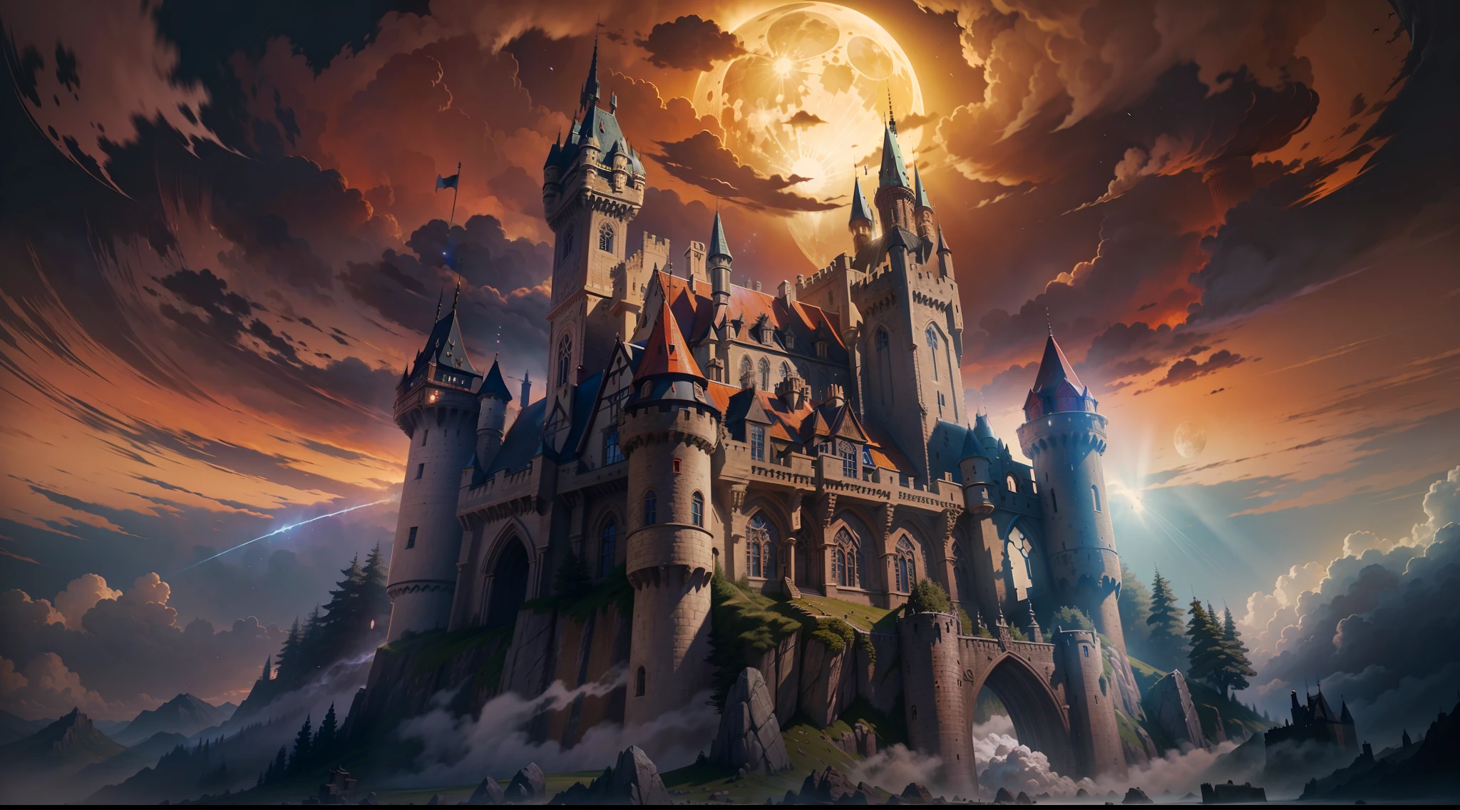 Castle. Medieval terror fantasy. Epic Reality, (HDR: 1.4), Dappled Sun, Cool Colors, Fantastic Incredible, Epic Composition, (Intricate Details), (Intricate Details, Hyper Details: 1.2), Dynamic ilumination, Volumetric clouds, dynamic shadows, Art Station, (Masterpiece, Best Quality), Night, moon