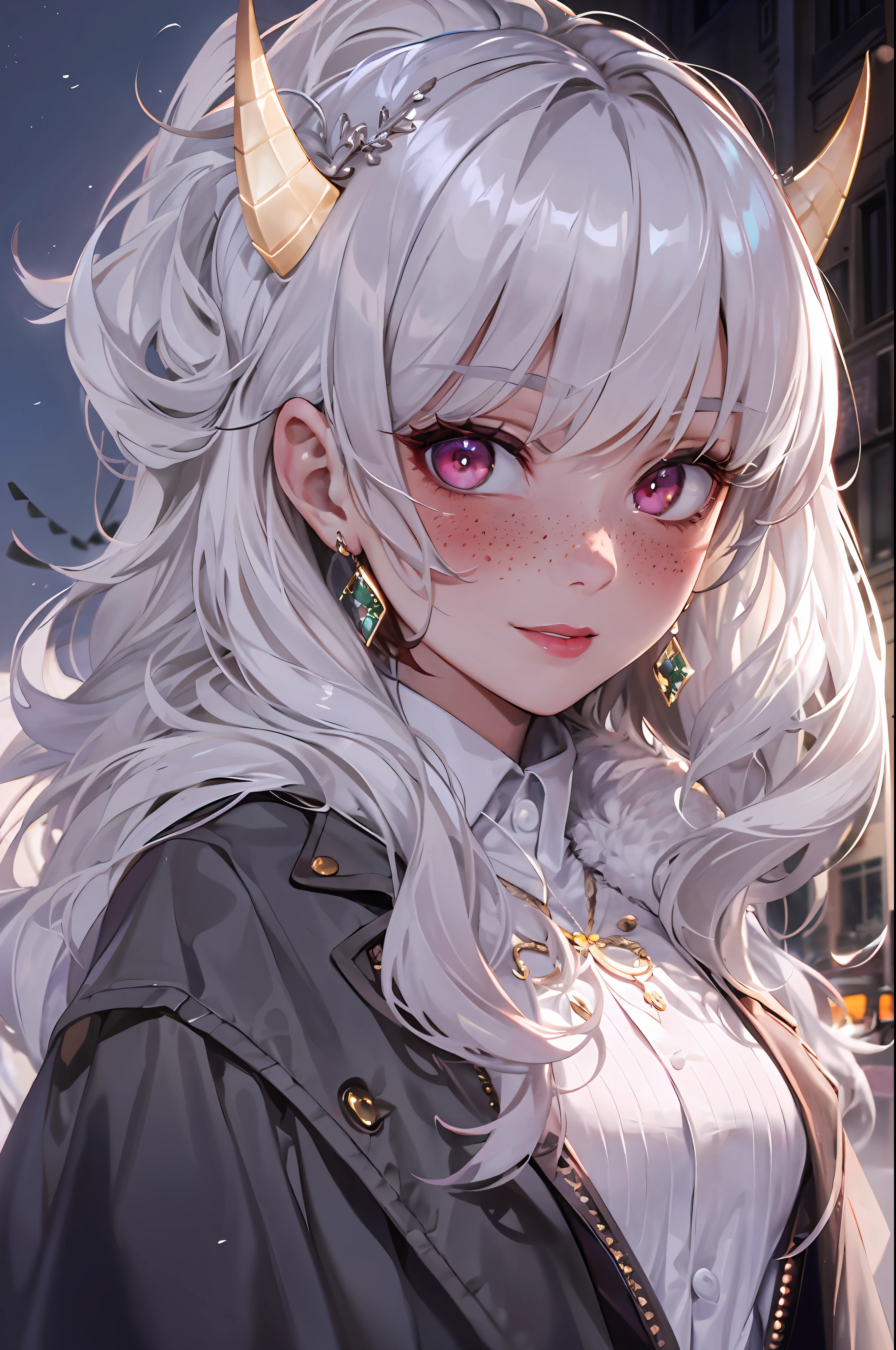 (Masterpiece, Absurd, High Quality, Best Quality, Ultra Detail, Beautiful), Perfect Eyes, Perfect Face, Perfect Lighting, Textured Skin, Beautiful Detail Face, (Detailed Face: 1.4), Beautiful Detail Eyes, Ambient Light, Realistic Shadows, Beautiful Detail Pupils, Cute, 1 Girl, Solo, One Focus, Beelzebub, Short Hair, White Hair, Demon Girl, Demon Tail, Freckles, Red Eyes, White Horns, Purple Lipstick, Lips, Blush, White Fur Coat, (white fur-trimmed coat: 1.3), outdoor, street, (evening: 1.2), car in background, headlights, church in background, lighting, moon, looking at the audience, walking, smiling, from the side, full body, rich, expensive, jewelry
