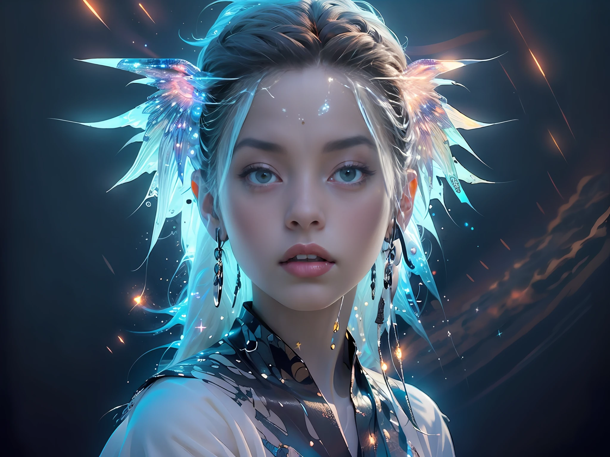 fish-eye lens, cosmic background, Countless twinkling galaxies and stars, Convoluted, Ultra-realistic full-length shot of an angel praying for viewers in the center of a circle, The microcosm revolves around angels, face to the viewer, Offer mercy, Comfort and love, stunningly beautiful face, The majestic twin wings of an angel growing from the back of an angel, Ultra-realistic and ultra-detailed real wings, Beautiful snow-white robes and translucent darkness, Long Blonde Hair, Hair and stars mix, Fantastic and sacred (1:1), ultra-detailliert, A hyper-realistic, Countless small lights twinkle、Blend into the darkness, ultra intricate, New splash art never seen before in space, Captivate your audience、Give your audience direction to move forward, What's next?. It is a masterpiece that will continue to win many awards in the future.......
