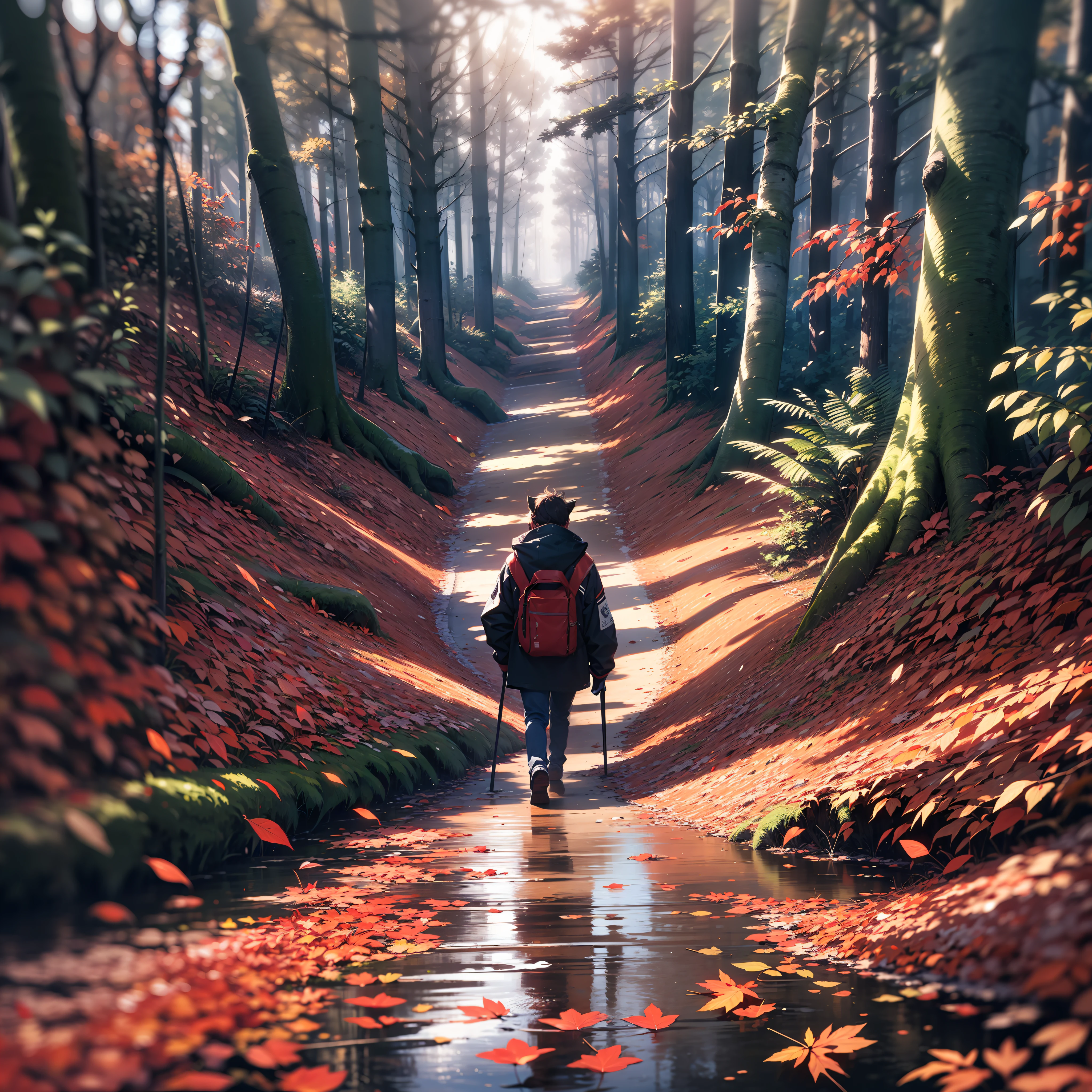 We see a Birds Eye view/overhead view of a big animal footprint on the ground, it’s slightly muddy so the print is still fresh, surrounded by tall trees with red leaves. They wear a black jacket and have dark hair that reaches their shoulders. The forest is dimly lit, creating a contrast between the red and black colors. The image evokes a sense of mystery and danger.