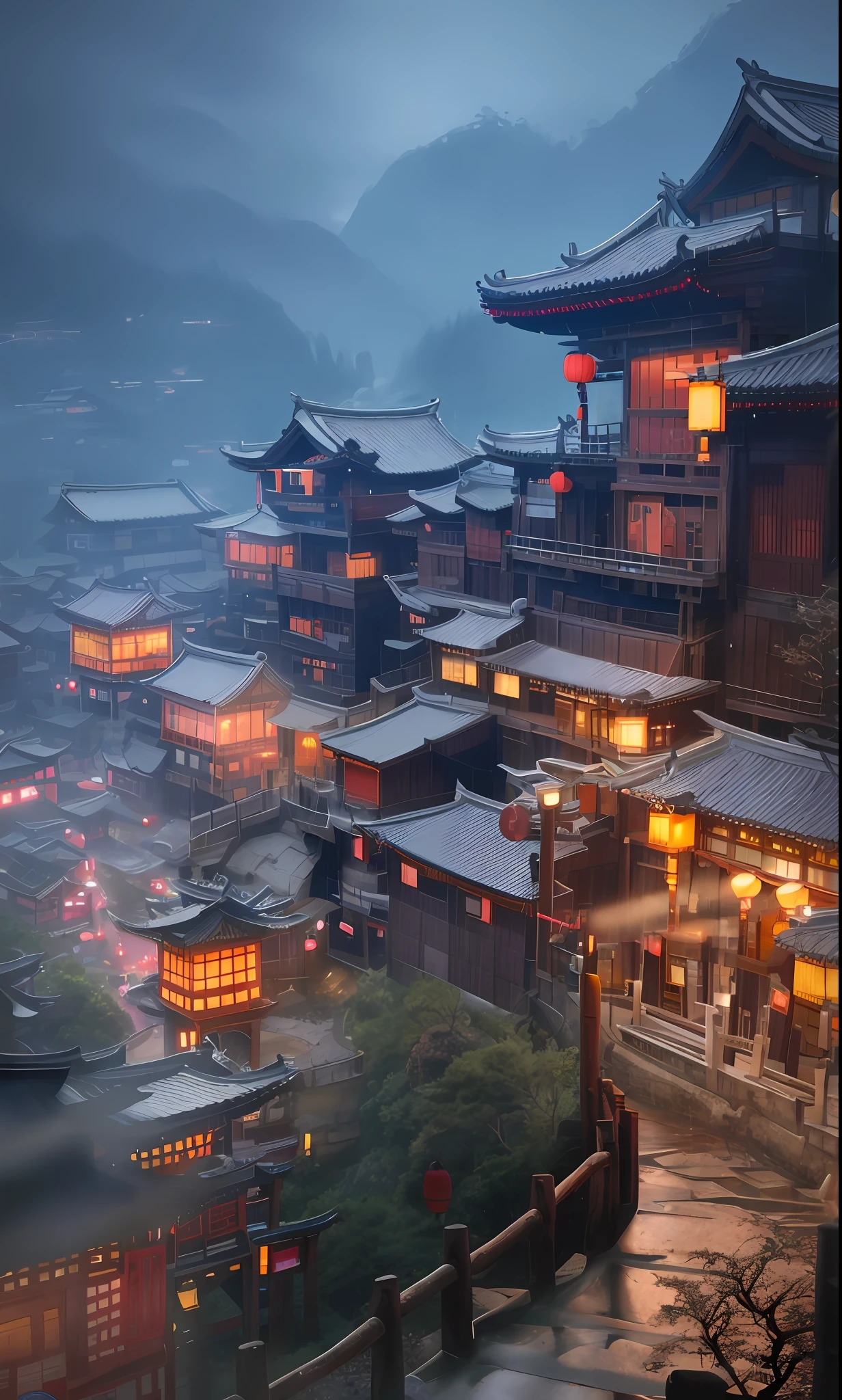 arafed view of a village with a lot of lights on the buildings, dreamy chinese town, chinese village, amazing wallpaper, japanese town, japanese village, hyper realistic photo of a town, old asian village, japanese city, by Raymond Han, rainy evening, cyberpunk chinese ancient castle, beautifully lit buildings, at evening during rain, beautiful and aesthetic, photography, cinematic, 8k, high detailed ((Heavy rain)))