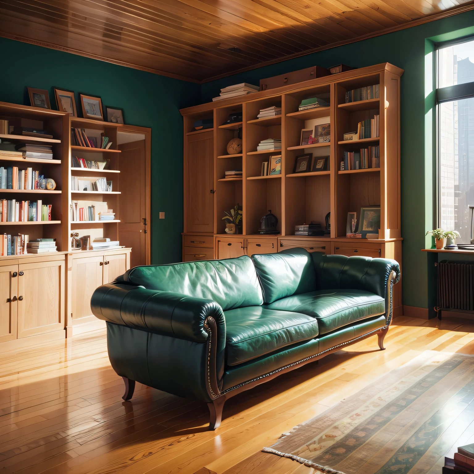 Quarto moderno da cidade de Nova York com grandes janelas, Built in wooden shelves with colorful books, green leather and modern oak sofa and solid oak floor 45mm original editorial photo --auto