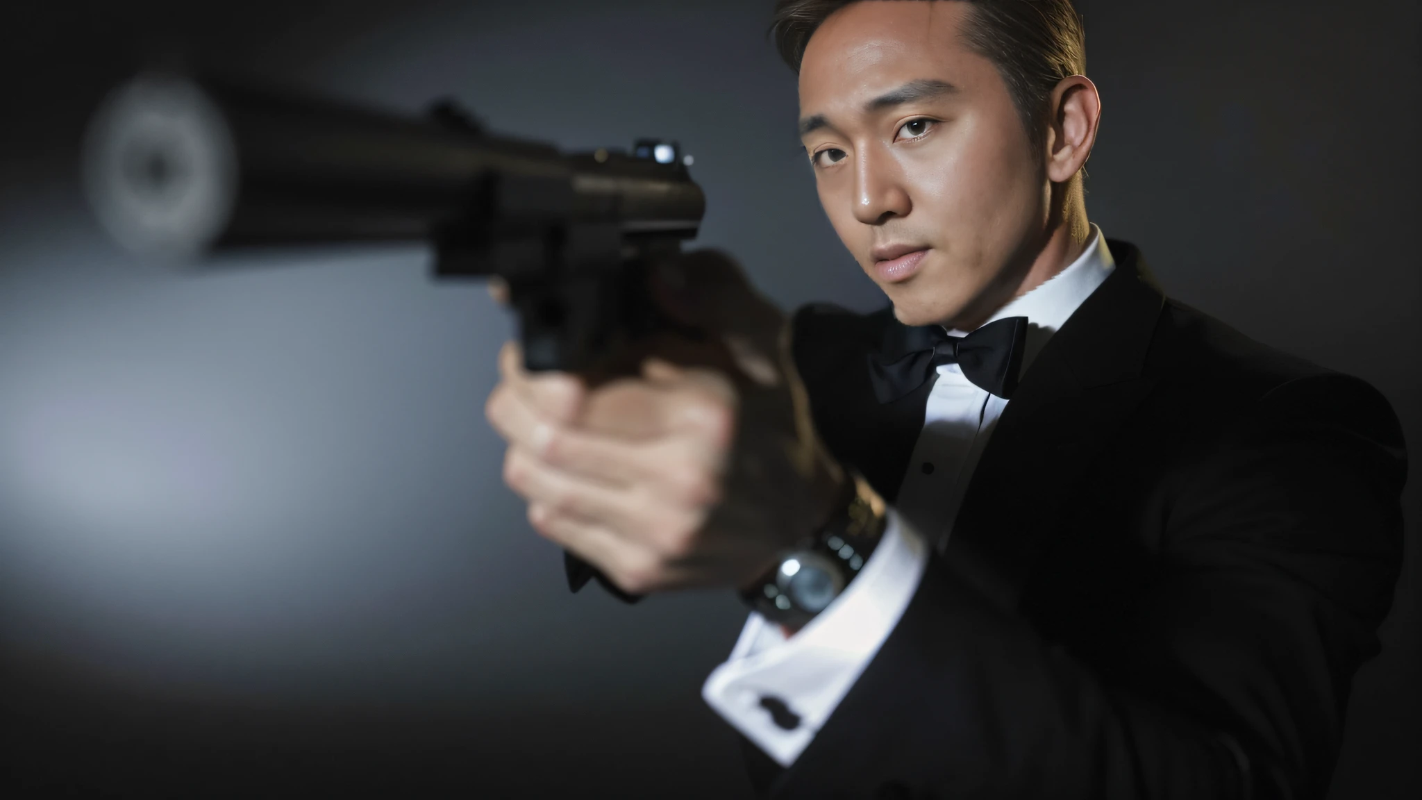 Alafeld man in a tuxedo，holding a gun in her hand, Still photo of James Bond, James bond, James Bond's film stills, daniel craig, Classic Bond signature lens, Vesper Lynd from Casino Royale, Putin as James Bond 0 0 7, heavy rain poured, Bill Nye（English：Bill Nye） As James Bond, idris elba as james bond, Movie Masterpiece