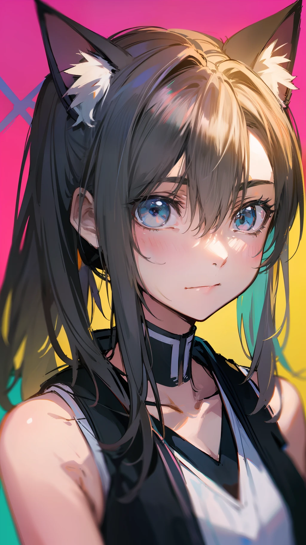 best qualtiy, tmasterpiece, 超高分辨率,Turquoise eyes,Cat ears,Blonde hair high ponytail,teens girl,soio,solid color backdrop,A shy expression,Casual attire