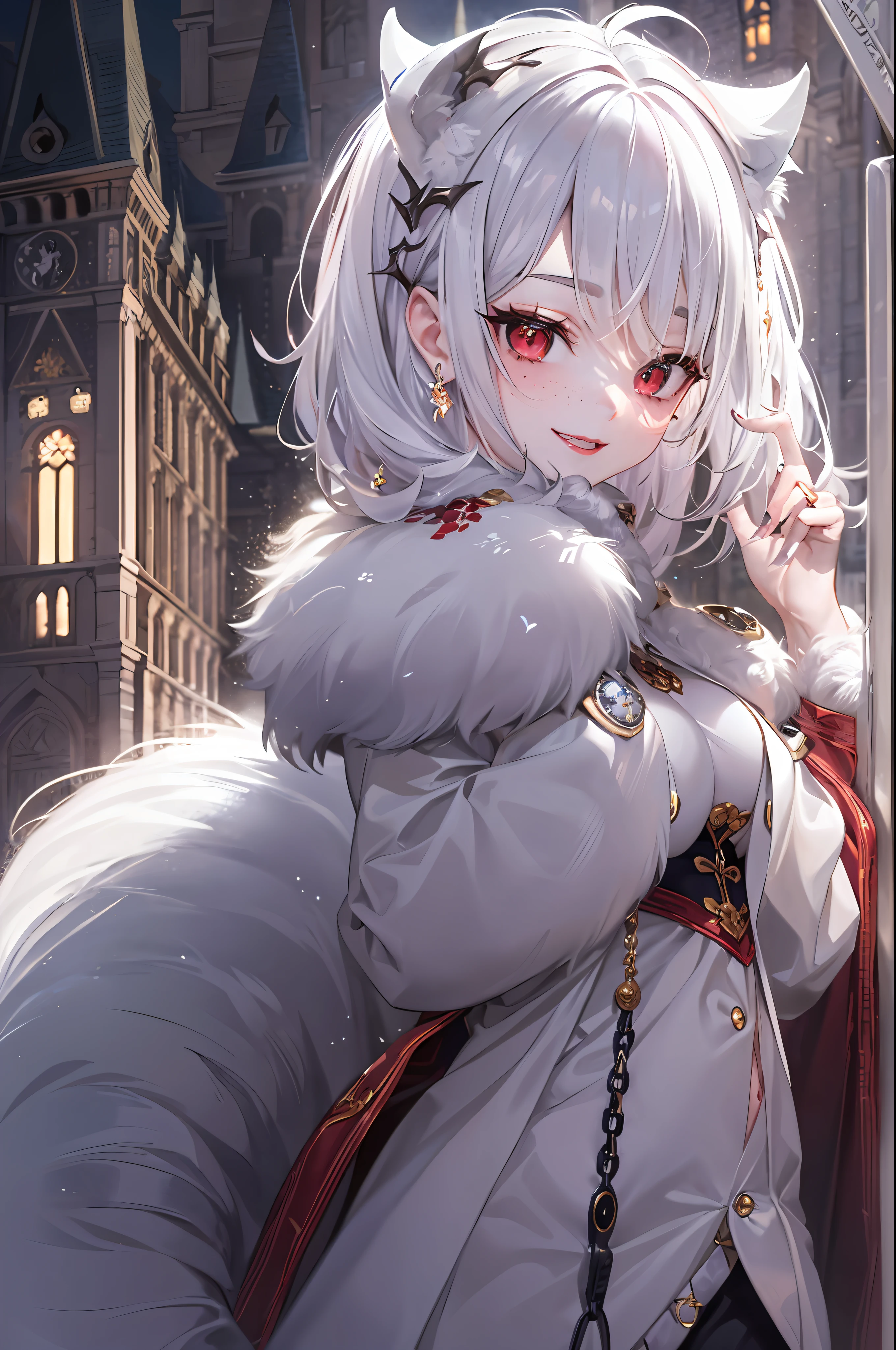 (Masterpiece, Absurd, High Quality, Best Quality, Ultra Detail, Beautiful), Perfect Eyes, Perfect Face, Perfect Lighting, Textured Skin, Beautiful Detail Face, (Detailed Face: 1.4), Beautiful Detail Eyes, Ambient Light, Realistic Shadows, Beautiful Detail Pupils, Cute, 1 Girl, Solo, One Focus, Beelzebub, Short Hair, White Hair, Demon Girl, Demon Tail, Freckles, Red Eyes, White Horns, Purple Lipstick, Lips, Blush, White Fur Coat, (white fur-trimmed coat: 1.3), outdoor, street, (evening: 1.2), car in background, headlights, church in background, lighting, moon, looking at the audience, walking, smiling, from the side, full body, rich, expensive, jewelry