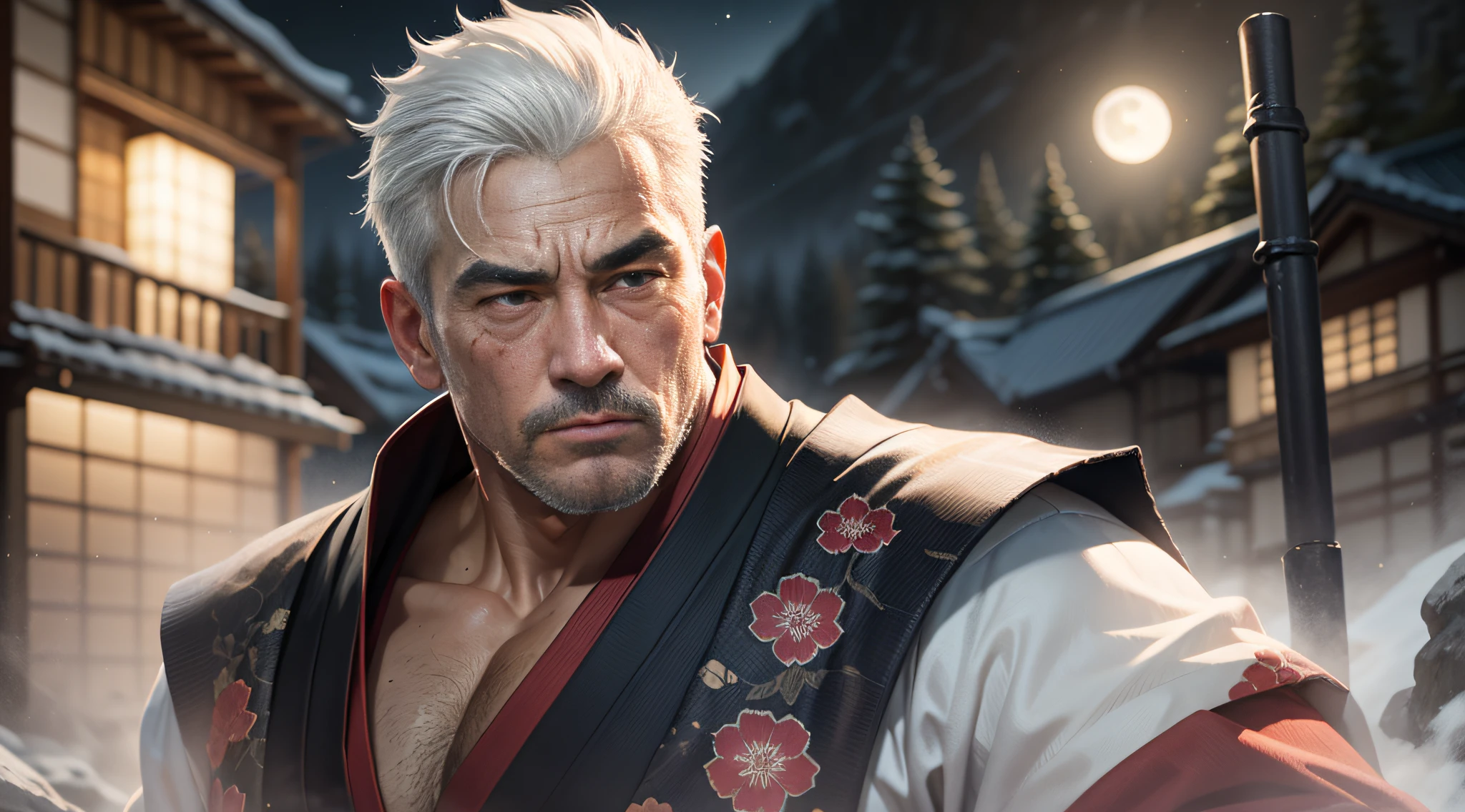 1boy,of a guy,A strong man,In the hot springs,Thin mist,In the mountains and forests,jpn,Nichiki Onsen,moonlight,the night,Golden light,glowworm,starlights,Look at the audience,Samurai of Japan,Swing the knife and slash forward,Black Japanese kimono,1boy,4k,Volumetric light and shadow,Ray traching,illustration,Game illustration,Game characters,Bronzed skin,Scar,a scar,Scarface,White hair,The eyes are fierce,lbeard,Mature men,Martial artist