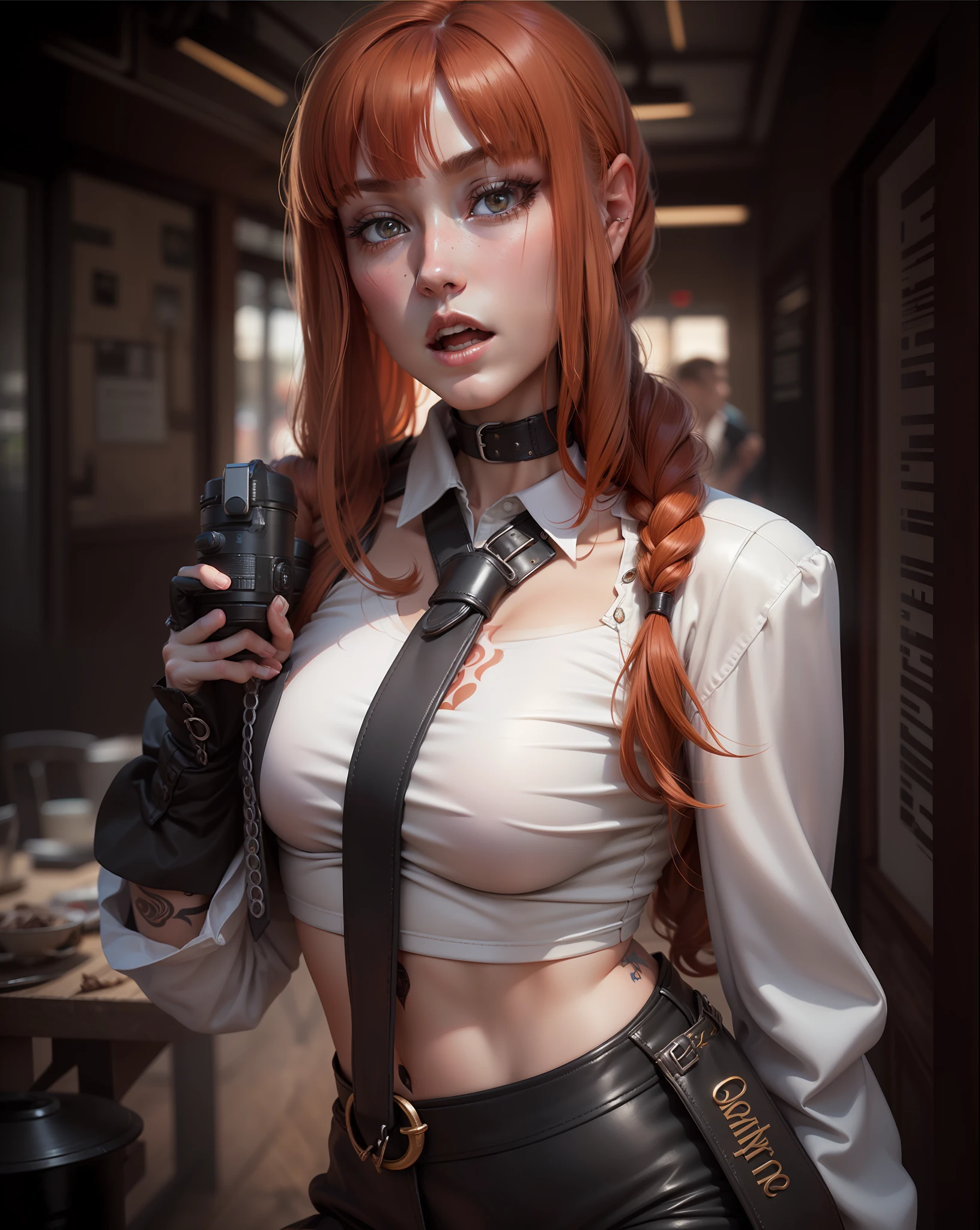 an steampunk girl at a party, (white crop top:1.2), small breast, black and blue leather, tattoo, hyper detailed, ultra sharp, long auburn hair in braids, 8k, (insanely detailed:1.5), full body photograph, 20 megapixel, canon eos r3, detailed skin, pale skin