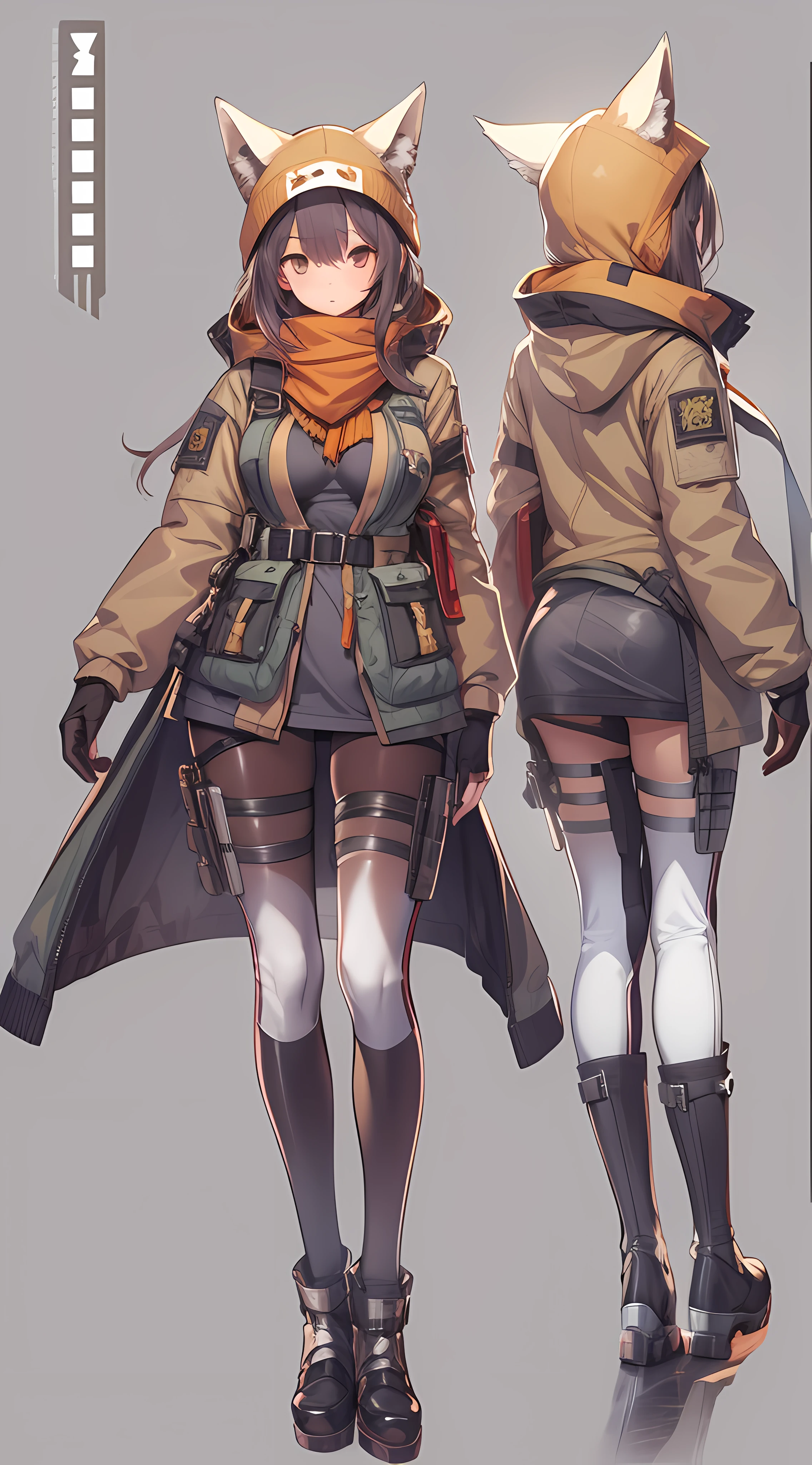 1girl, original outfit design, foxgirl, long brown tactical winter gear, big boobs, Arknights character