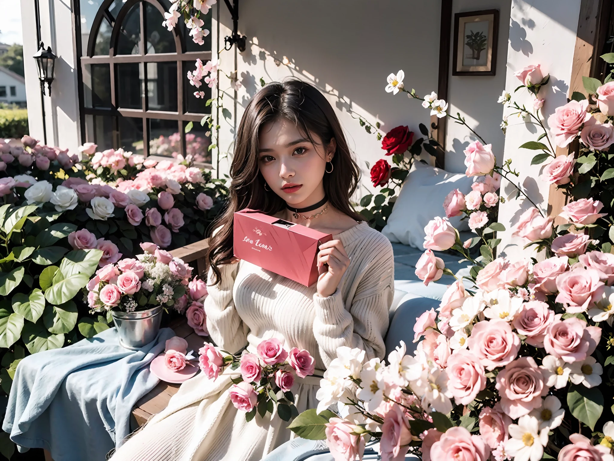 A house full of pink roses, Pink roses filled the girl's side, lightand shade contrast, Strong light shines on the girl's body,at the terrace, American style church background on outdoor road, Flower-filled environment, (Photorealistic:1.4), 1girll, Holding a white box in his hand,Girl in pink rose,wearing a white sweater, Large flowers, Solo, Exquisite facial features, Earrings,  choker necklace, Skirt, Stand, Indoors, Masterpiece,Best quality