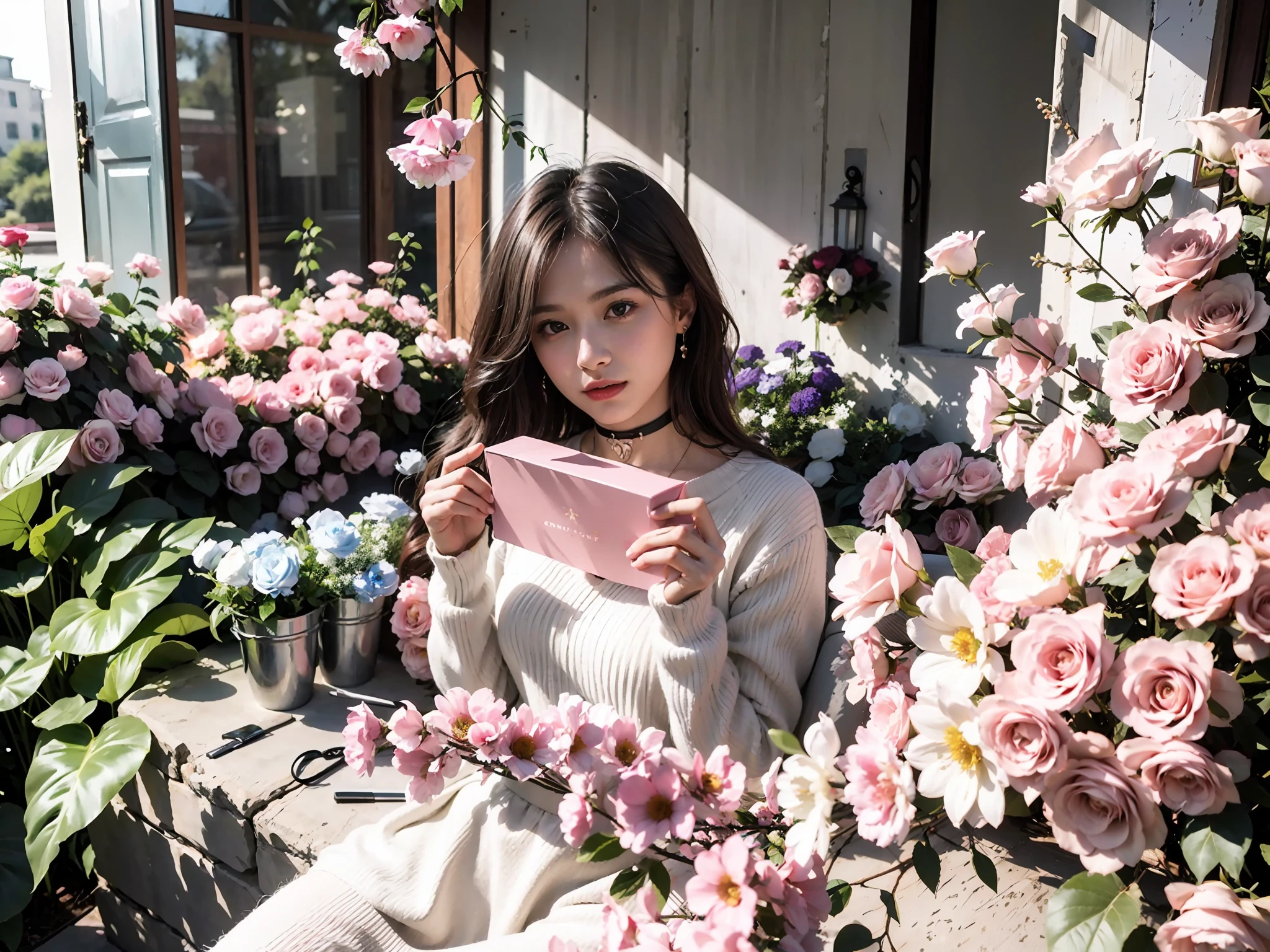 A house full of pink roses, Pink roses filled the girl's side, lightand shade contrast, Strong light shines on the girl's body,at the terrace, American style church background on outdoor road, Flower-filled environment, (Photorealistic:1.4), 1girll, Holding a white box in his hand,Girl in pink rose,wearing a white sweater, Large flowers, Solo, Exquisite facial features, Earrings,  choker necklace, Skirt, Stand, Indoors, Masterpiece,Best quality
