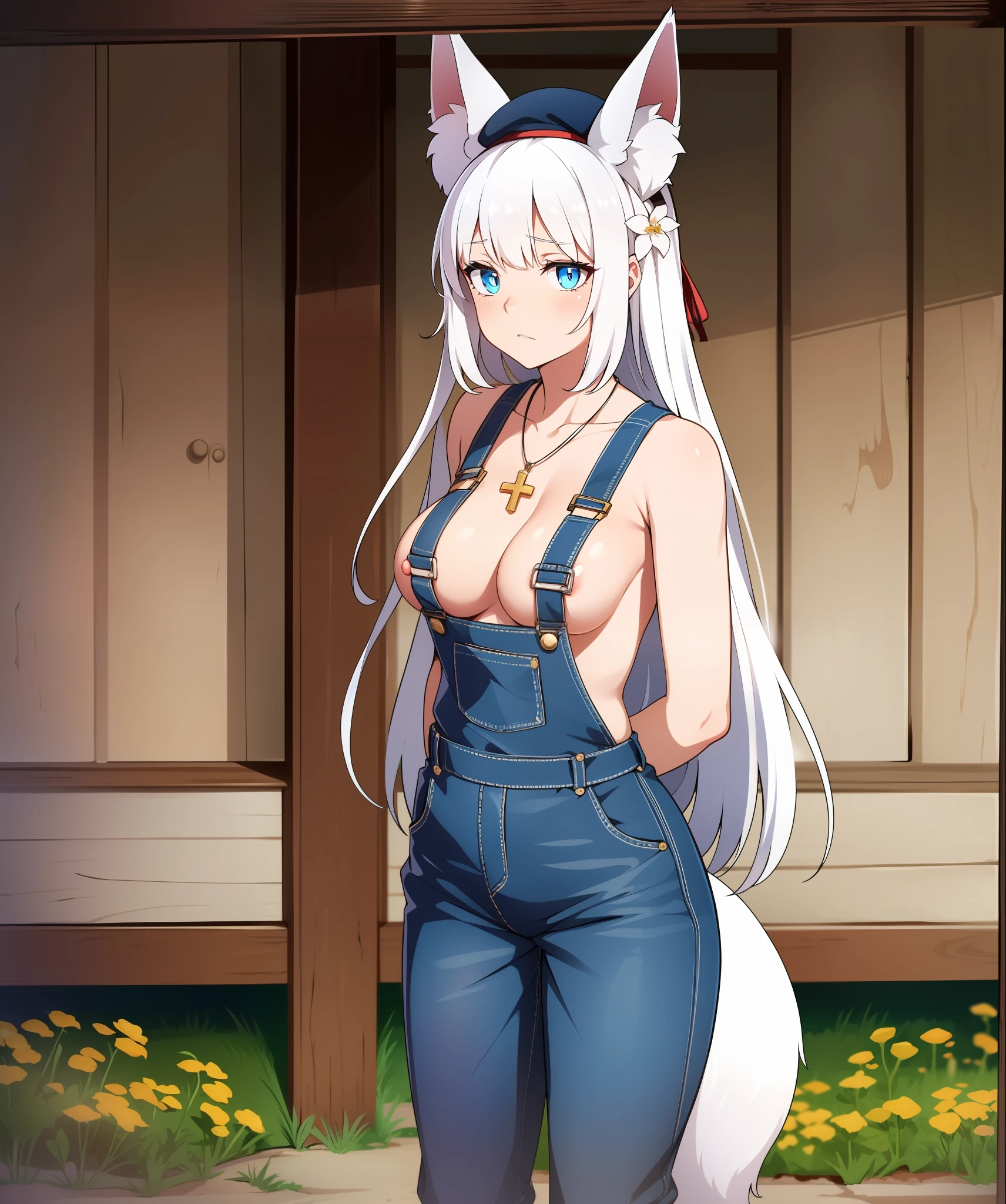 (nsfw) long white hair, solo, plaid blue overalls top, white pants, white beret, Fox ear, 9 kitsune tails, 1 flower clip, black cross necklace, glowing blue eyes, look tired, medium boobs