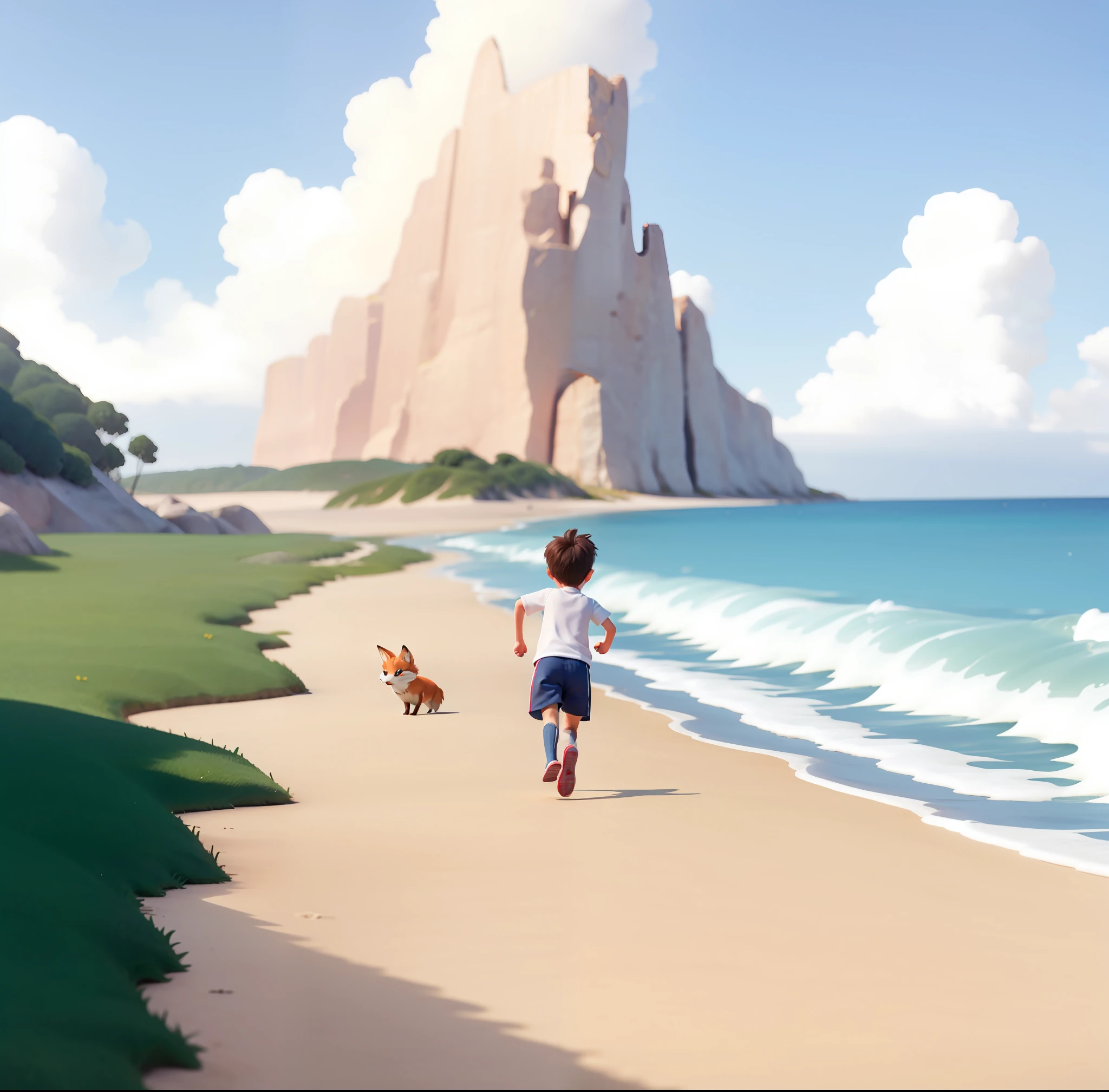 There's a boy running around with a fox on the side
