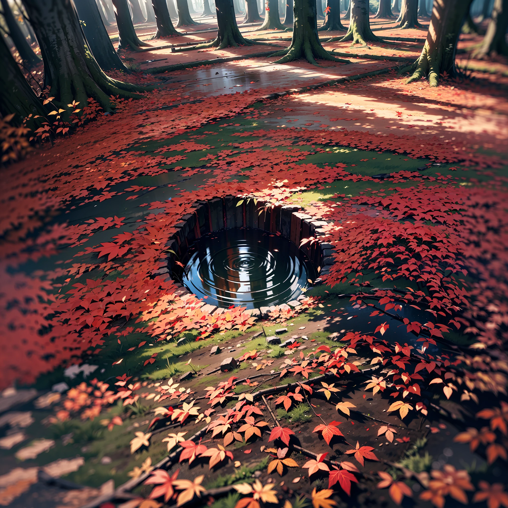 We see an overhead view of a big animal footprint on the ground, it’s slightly muddy so the print is still fresh, surrounded by tall trees with red leaves. The forest is dimly lit, creating a contrast between the red and black colors. The image evokes a sense of mystery and danger.