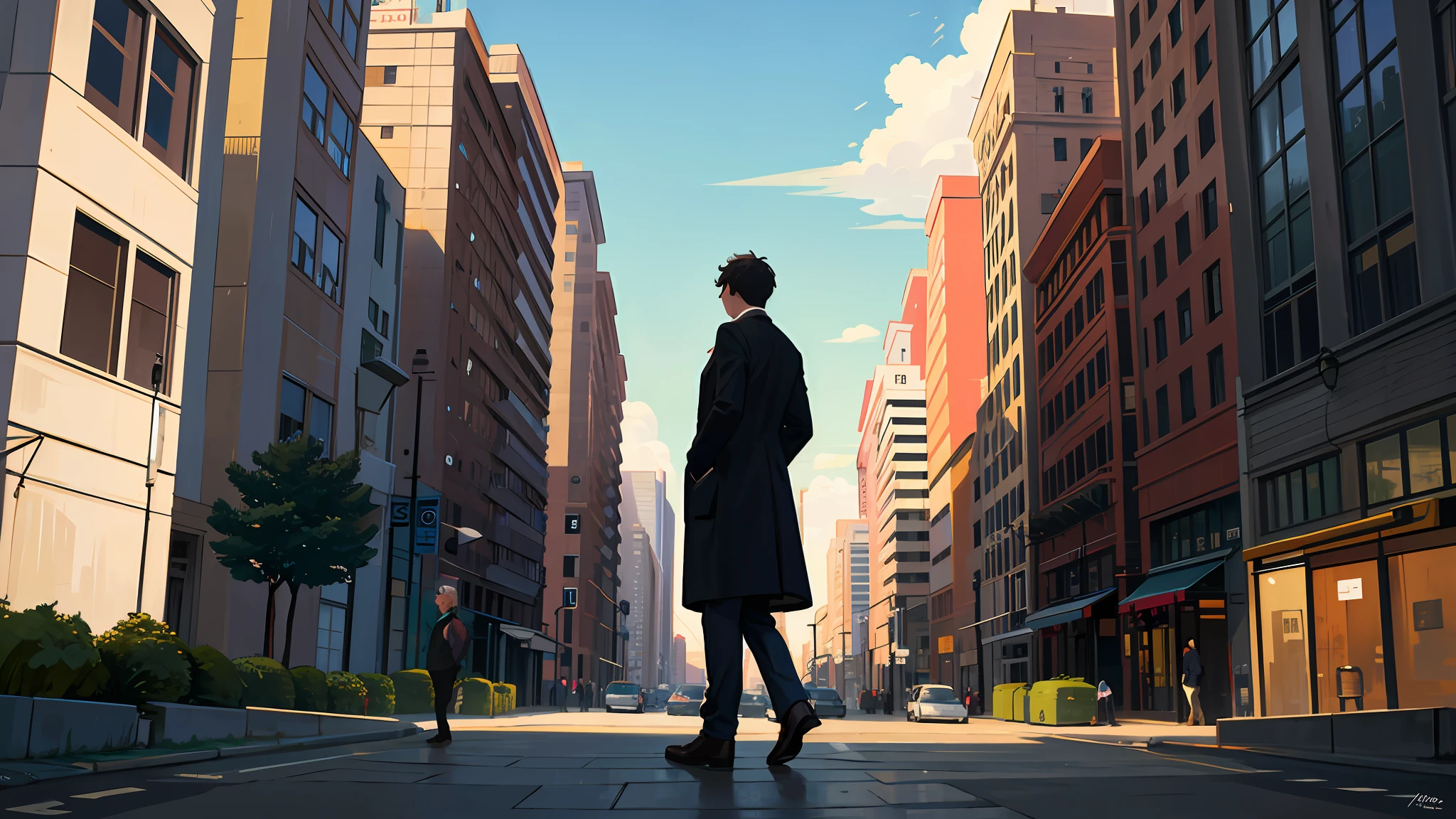Illustration of a street scene with people and a man walking in the middle with a view of his back,Various scenes of the buildings and the man in motion
