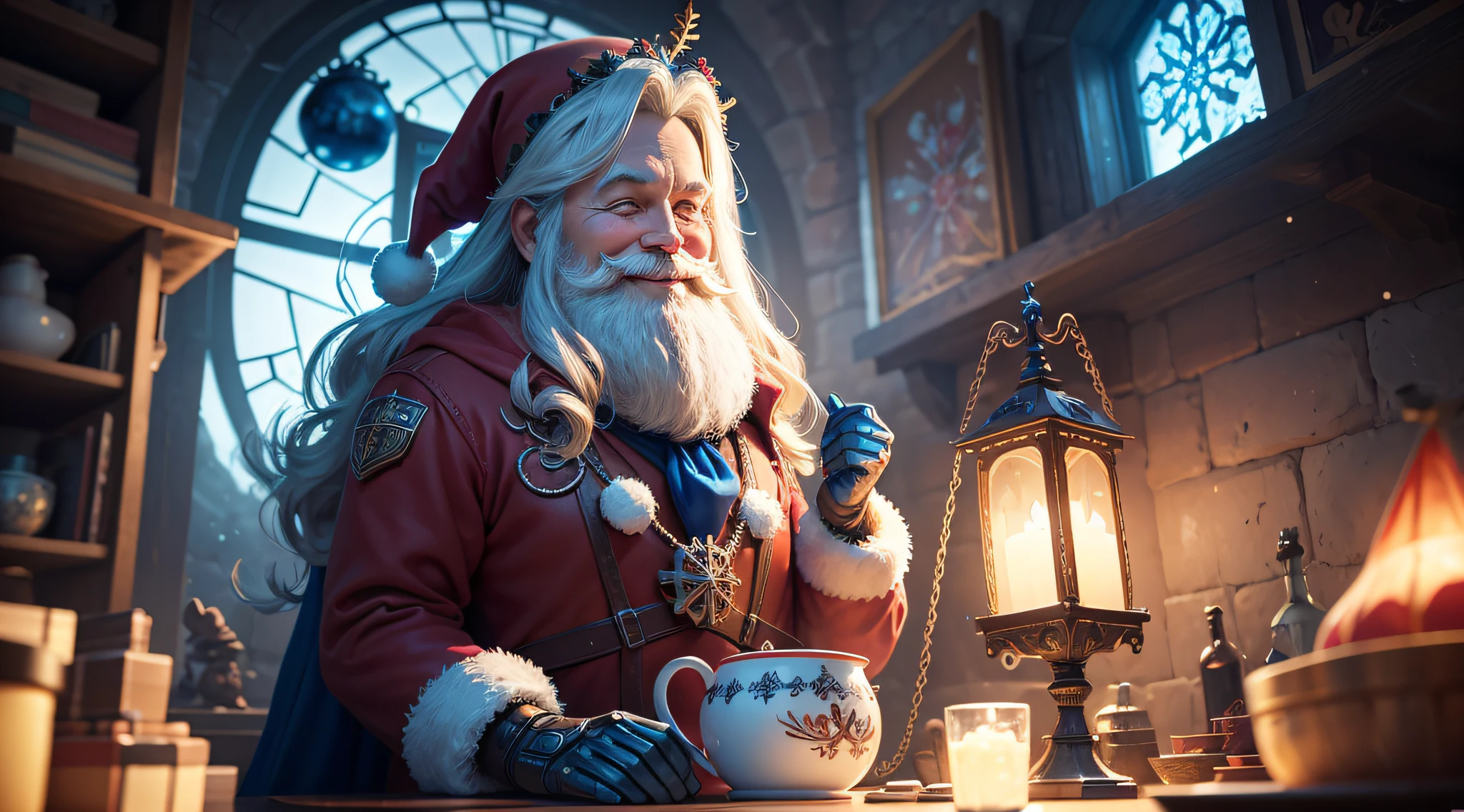 Christimas Santa Claus smiling happily smiling to heaven, olhando para frente, reindeer in the sky, Gingerbread candy village, Steampunk, cinematographic scene, Art Deco, studio illumination, Roboto, Colouring, Inspetor, fantasia, conto de fadas, intrincado, Florta, vagalumes, flor, Tema azul, fundo azul, gradiente azul, Natal, Hansel e Gretel, desfoque de fundo, Bokeh, medium shot, Visualmente deslumbrante, arte conceitual, trending in artstation, Artgerm, CGSetnação --auto