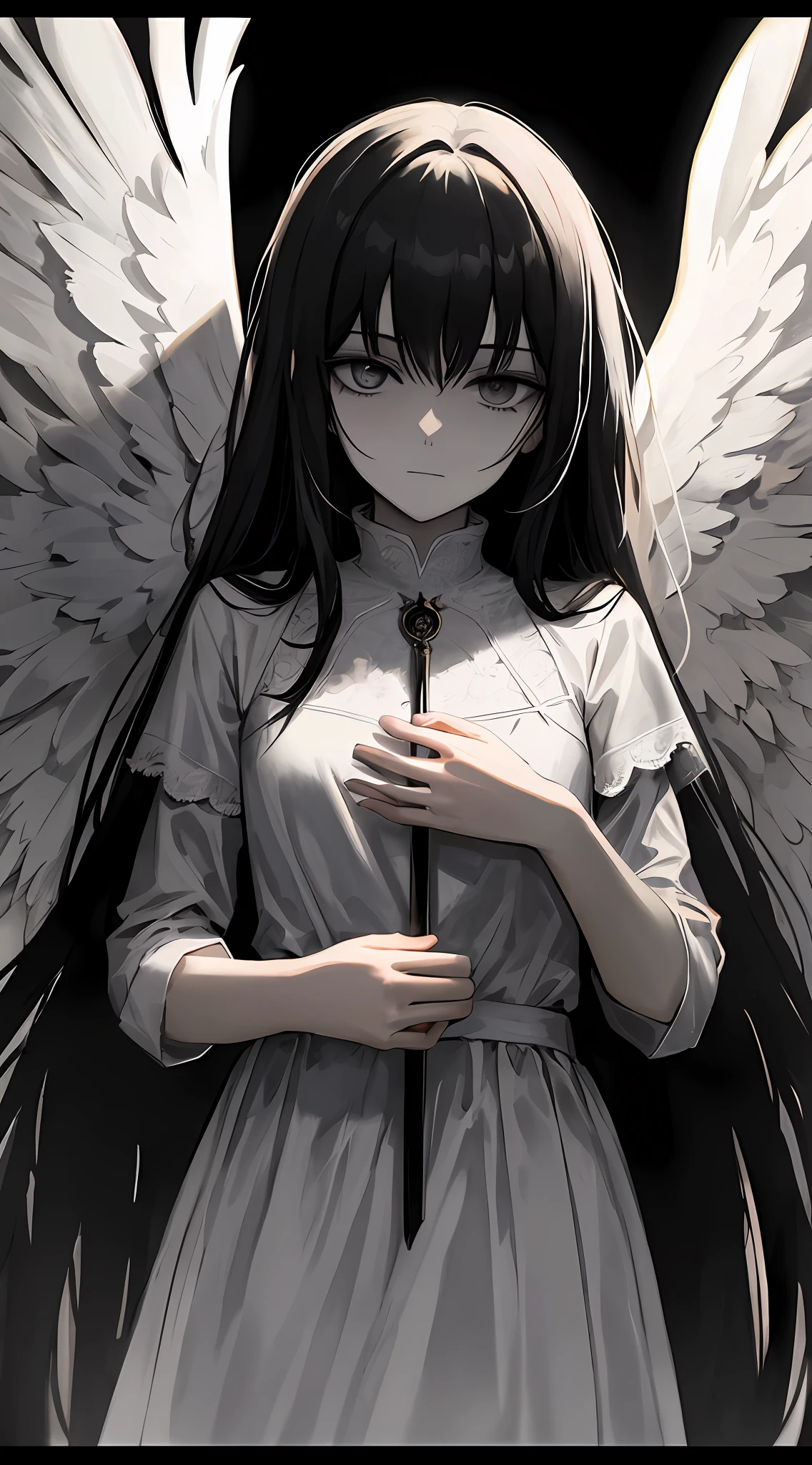 tmasterpiece，Portrait of an angel in prayer，Evil countenance，Three eyes，eye closeds，Black and white wings，A frame eroded by darkness and light