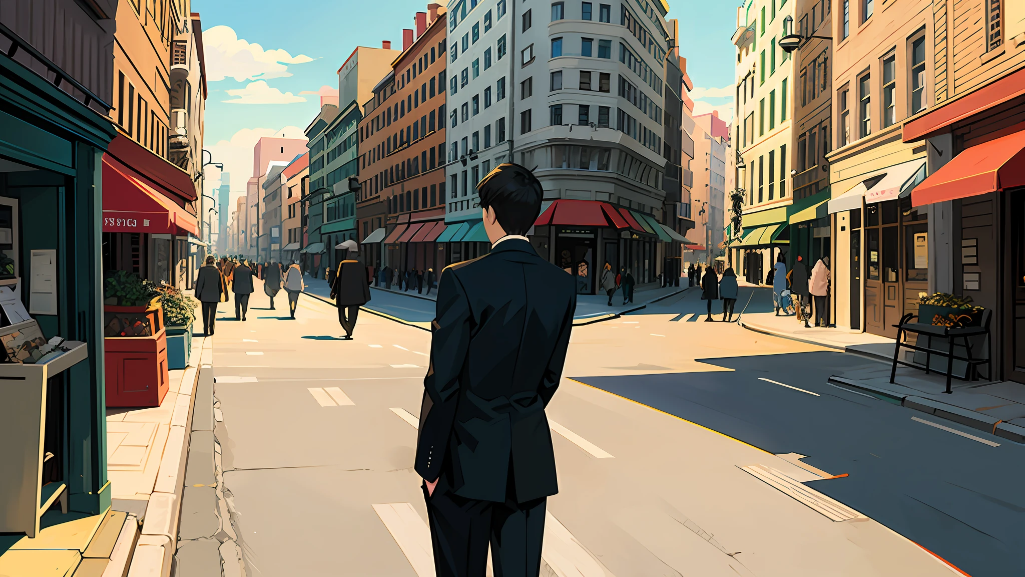 Illustration of a street scene with people and a man walking in the middle with a view of his back,Various scenes of the buildings and the man in motion