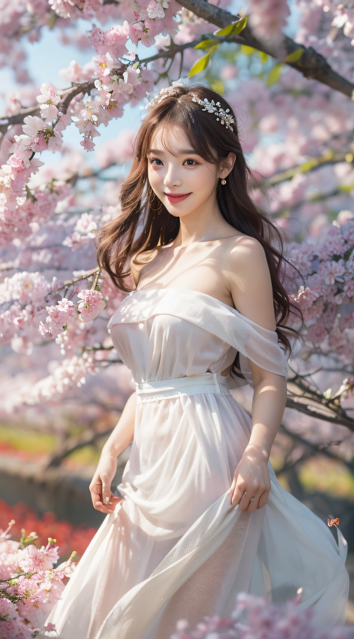 Best quality, masterpiece, ultra high res, (photorealistic:1.4), raw photo, 1girl, white dress, off shoulder, blossom flower field, glowing skin, light smile