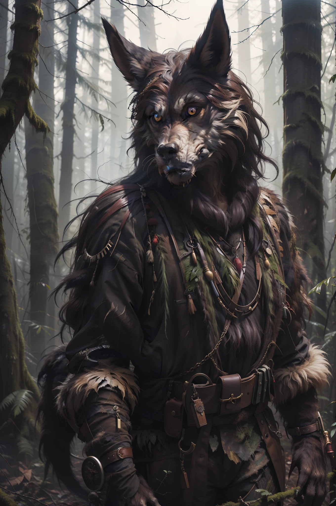 Black werewolf，hunters，belve，Wear hunting clothing，Tall，Look back，buck teeth，jungles，火焰，the detail，k hd