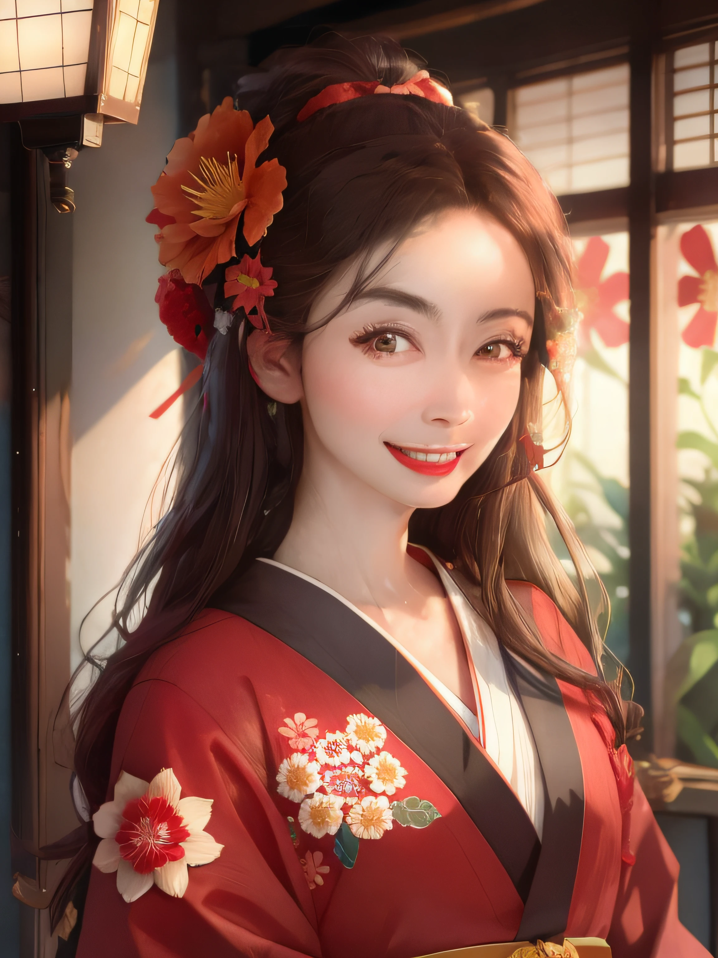 masterpiece,best quality,absurdres,original,extremely delicate and beautiful,beautiful detailed eyes and face,1girl, brown_hair, flower,kimono japanese_clothes, at starrynight, close mouth, looking_at_viewer, straight-on, red_flower, solo,red lips,(masterpiece:1.4),(best quality:1.4)