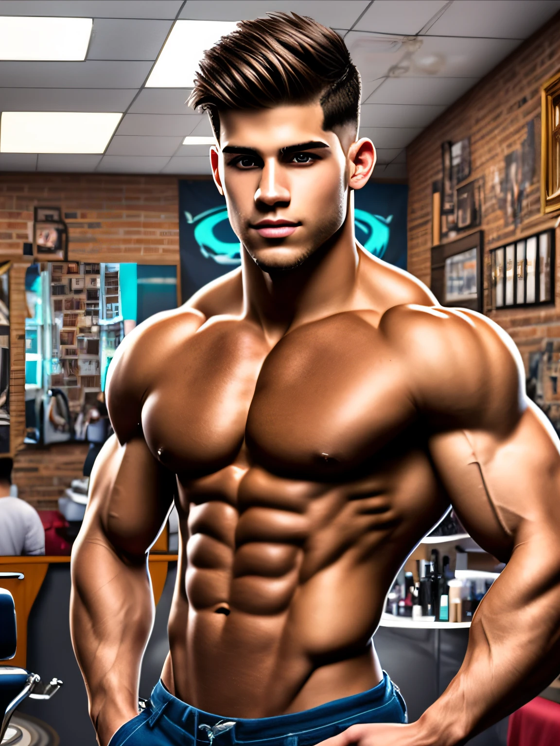 super buff and cool, 18 year USMC Marine Cadet (boyishly cute face with full, pouty lips strongly resembling Cody Calafiore) ((light five o’clock shadow, short brown haircut degrade)) ((very square-jawed)), steroid physique, boy bodybuilder, on steroids, sexy, (masterpiece:1.5), flawless tan, beautiful skin, handsome face, 22 years old, hanging out at a barber shop, Nikon, anatomically correct, textured skin, best quality, 4K; in the style of Beat Magazine