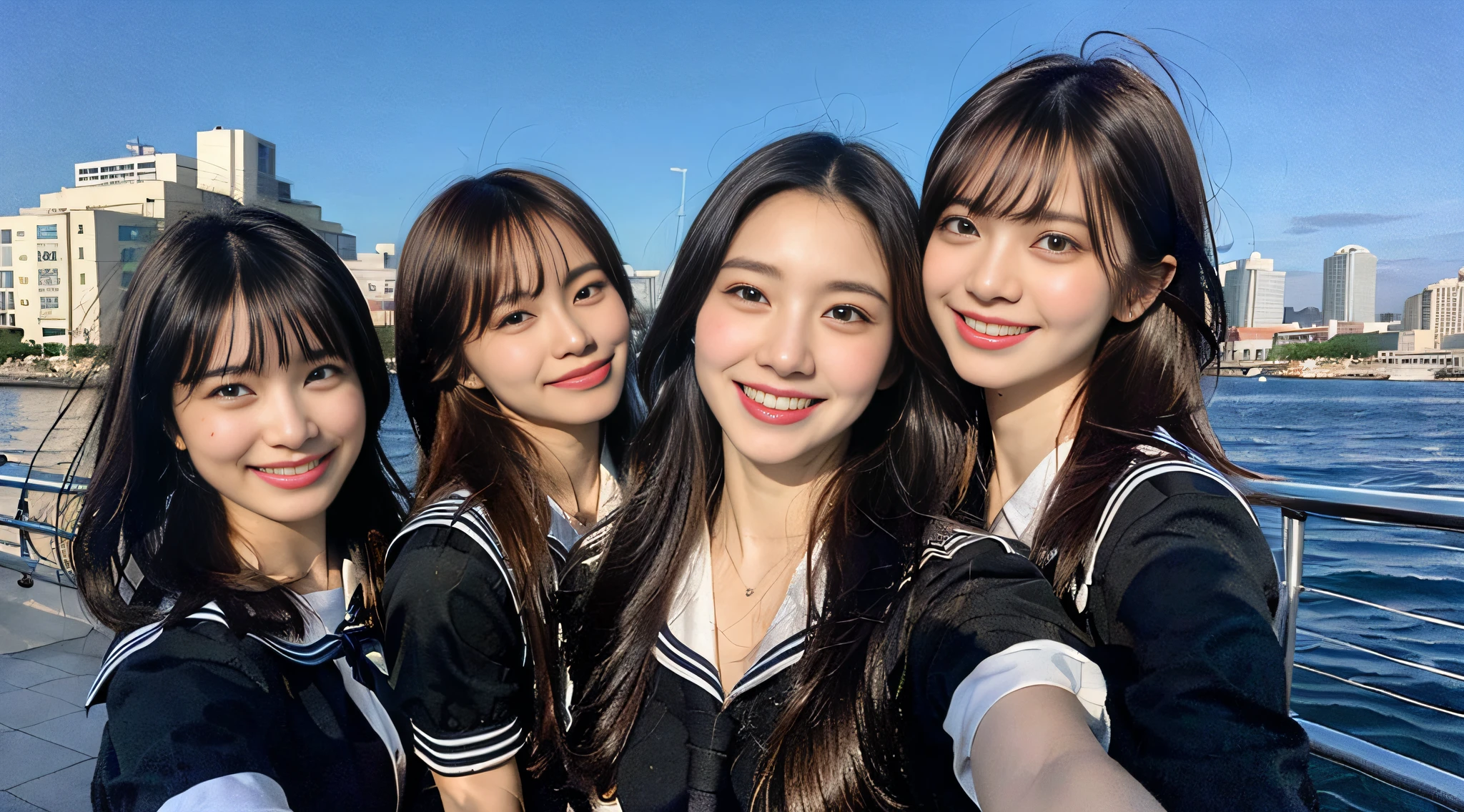 (8K、Raw photography、top-quality、​masterpiece:1.2)、ultra-detailliert、ultra res、(hyper realisitic:1.4)、（Sexy waist）From  above、Camera from above、Camera angle from above、I'm looking at this with upward eyes、Arms outstretched、arms spread wide、High-quality images taken with a camera from above、Above the sea、、Offshore Girl（Fantastic lighting）head to waist、sexy  pose、Very embarrassing、Erotic Poses、A sexy、Raw feet、odious waist、de pele branca、Fair-skinned female proofreading、An ultra-high picture quality、、Beautiful female proofreading reflecting in light、amazing detailed、Beautiful girls in very detailed、Faces with different patterns、Different face patterns、Each hairstyle has its own characteristics、Farbe々Hairstyle、Farbe々Hair color shining with clean light、I enjoy fishing on a boat、Brown hair shining in the light、One has a ponytail、、Modern cute high school girl、very detailed faces very detailed eyes、Very realistic skin、 extremely detailed fingers, highly detailed nose, highly detail mouth, perfect anatomia, Highly detailed sailor suit、、The details of their hair and uniforms shine through、Burning teeth and smiling、Realistic body, de pele branca, glistning skin, Slim body,  Long straight hair, (Blunt bangs:1.2), , nixeu and sakimichan, TWICE, Seifuku, sakimichan, JK Uniform, wearing japanese school uniform, promo still, Larisa Manobal, Japan school uniform, japanese girl school uniform, alena aenami and lilia alvarado