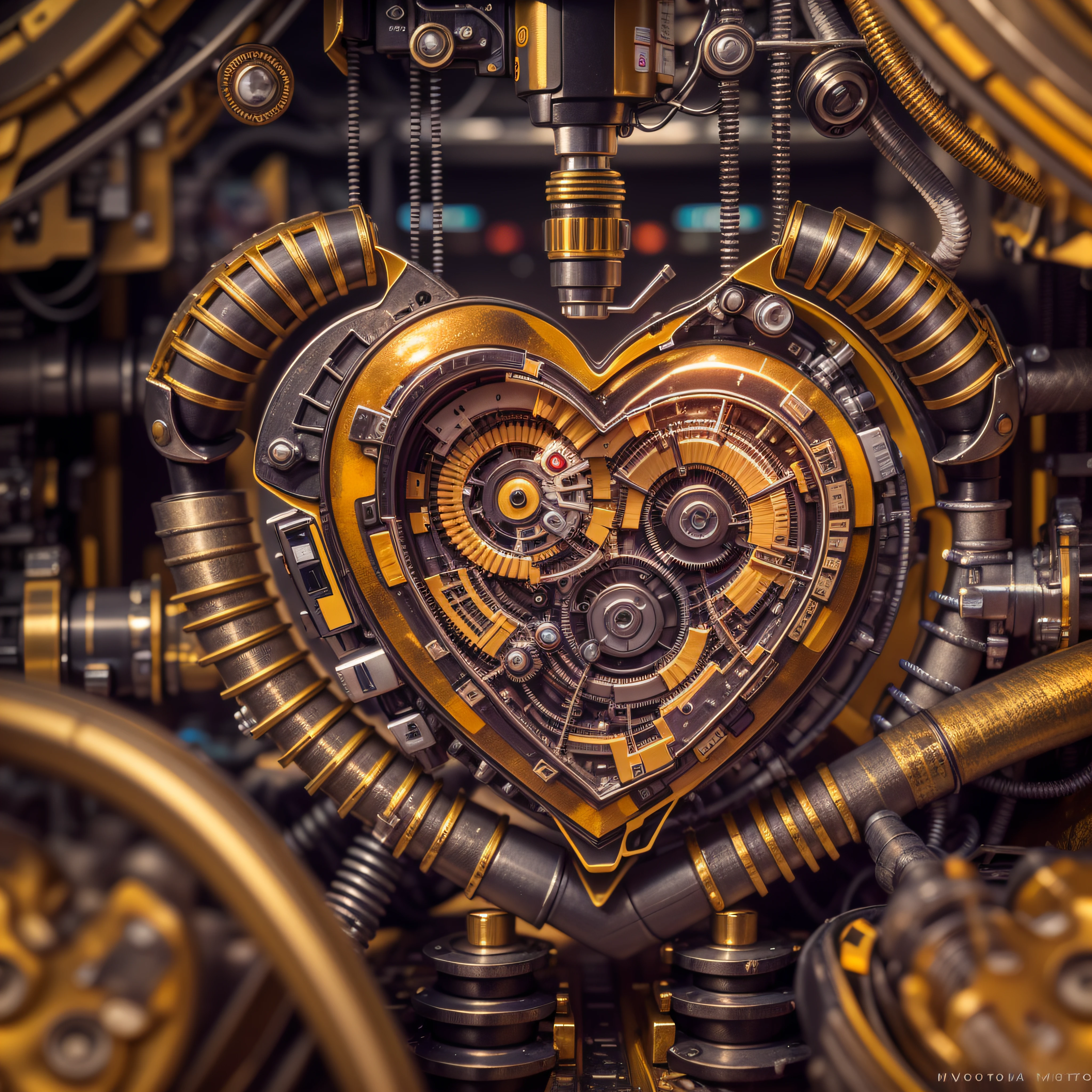 macro photography, A small mechanical heart, real estate photography, 3d, deep colors, acidwave, cyber, futuristic, gold, metal, neoprene, satin, vinyl, fine art photography