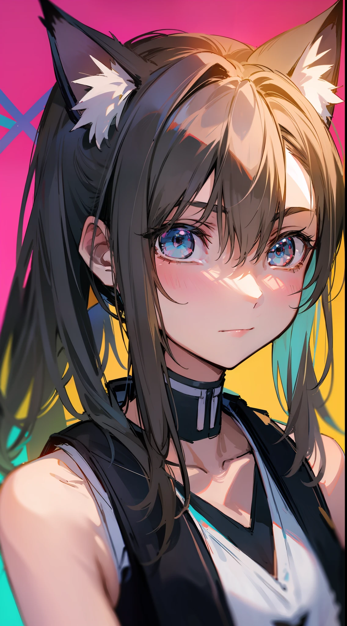 best qualtiy, tmasterpiece, 超高分辨率,Turquoise eyes,Cat ears,Blonde hair high ponytail,teens girl,soio,solid color backdrop,A shy expression,Casual attire