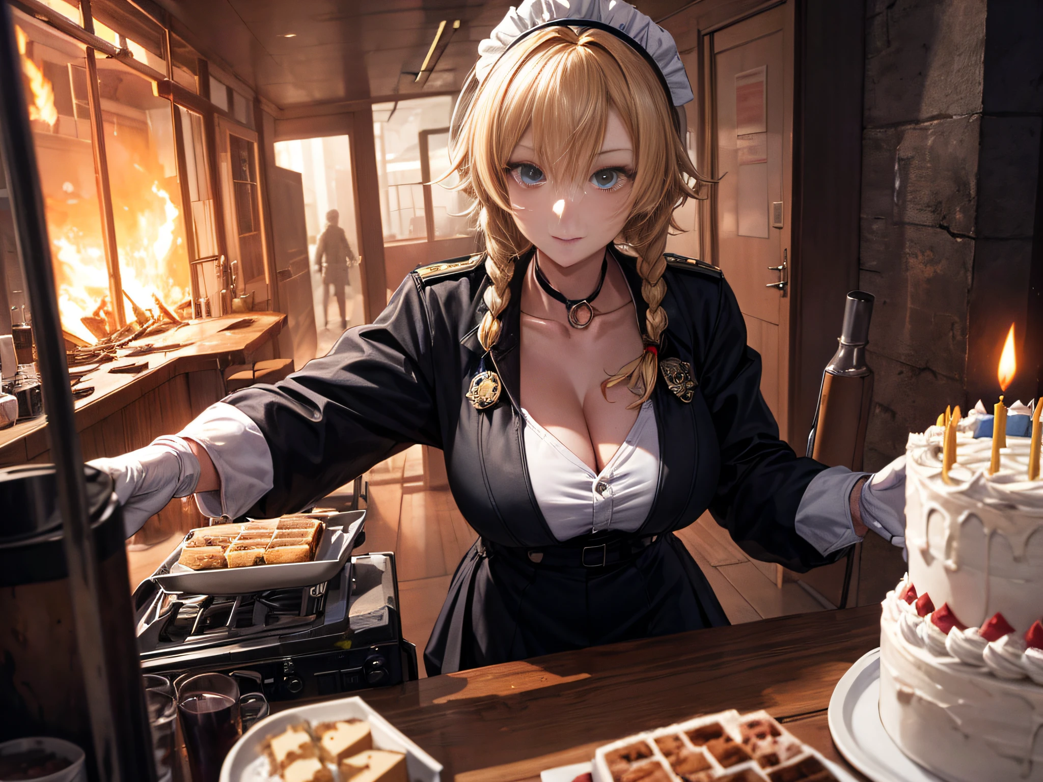 best quality, ultra-detailed,high resolution,anime screencap, unity 8k wallpaper, Pov,bird's eye view , 1giant birthday cake, cinematic cake master,birthday party at nightclub,banner,colorful cake bar, chef,,birthday party disco cafe, maid,floral disco blouse, cute girl, deep contrast(human:1),(voluptuous,well-endowed,birthday party,Solo),non visible underboobs,(1lady, cook,happy),18 yr old,chef,blonde hair, short braids, (deep contrast,giant birthday cake with candles ,High School DxD, white gloves), ice cream bar, cold smile ,intake,collarbone,cooking,(pin up art,disco birthday party),disco bar, High School of the Dead,disco bar,muscular,collarbones, cooking,Prison School, multiple focus,In the heart of San Francisco, strange rumors of a haunted ship begin to circulate, with reports of eerie apparitions seen near the waterfront. Keen on unveiling the truth, Jenny Kolchak ventures into the city's dark underbelly and discovers that a notorious pirate ship, long lost to the depths, has mysteriously returned, seemingly under the command of a vengeful spirit seeking justice for an ancient crime. As the ghostly ship wreaks havoc on the city, cat girl must confront her own skepticism while desperately averting disaster before the city of San Francisco falls victim to its haunting wrath. (( large buildings destroyed in the background)),apocalyptic style:1.5, cyberpunk, ((destroyed cars, explosion, fire)), ((the girl will have a black jacket, black skirt, boots)), posing, sitting, in the middle of the street, weirdscape, cracked buildings, cracked streets, ((at night:1)), apocalypse, red sky,(digital noise:1.2), ( , exceptional, visually compelling),