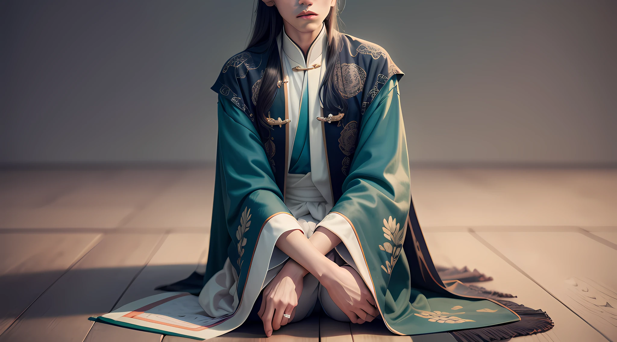 A young man alone in a position of meditation, sentado em uma almofada ou tapete preto. He should be with his legs crossed and his hands resting on his knees. The young man must have facial features typical of Asians, como olhos amendoados, slightly prominent cheekbones and thin lips. Your face should convey serenity and concentration. O jovem esta vestindo roupas tradicionais chinesas, like a long, fluid robe. Os detalhes do traje podem incluir bordados delicados ou estampas inspiradas na cultura chinesa. Certifique-se de que as cores do traje estejam em harmonia com o fundo preto. Cores como vermelho, Navy blue or dark green can be suitable choices to highlight the young in the monochrome setting. add concentration wrinkles on the young person's forehead, olhos semicerrados ou uma pose ereta e alinhada.