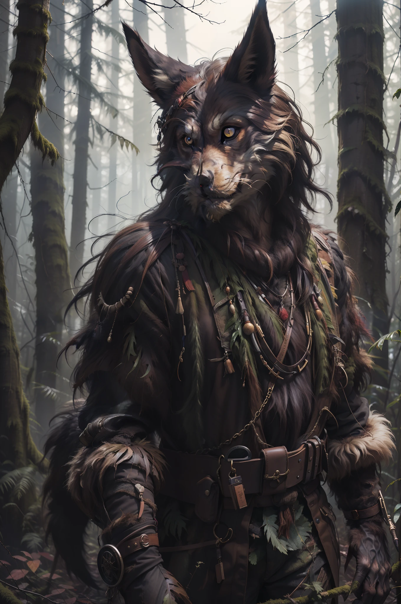 Black werewolf，hunters，belve，Wear hunting clothing，Tall，Look back，buck teeth，jungles，火焰，the detail，k hd