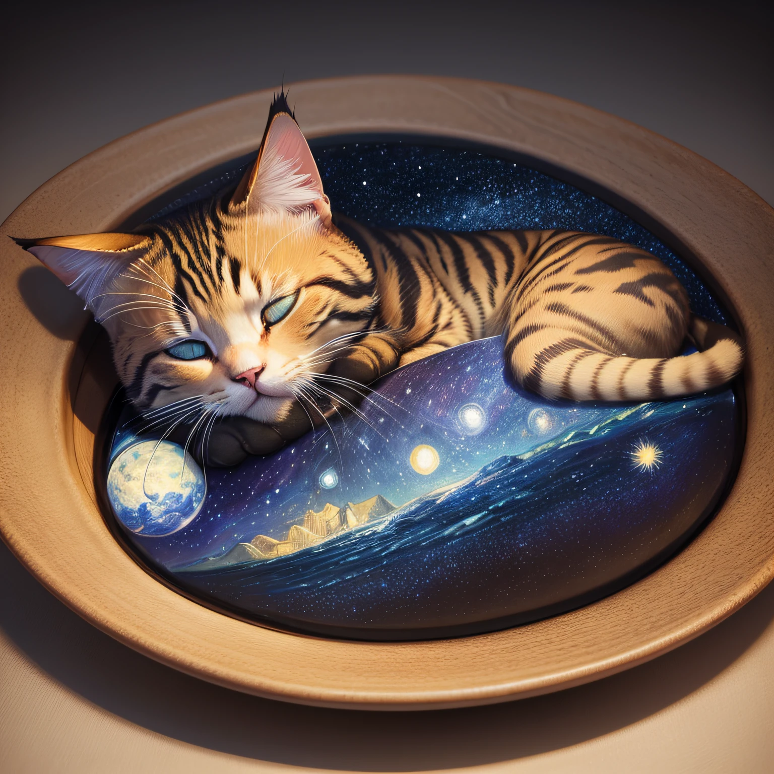 a beautiful cat high realistic high detailed painting in the style of starry night by Van Gogh anime face sleeping --auto