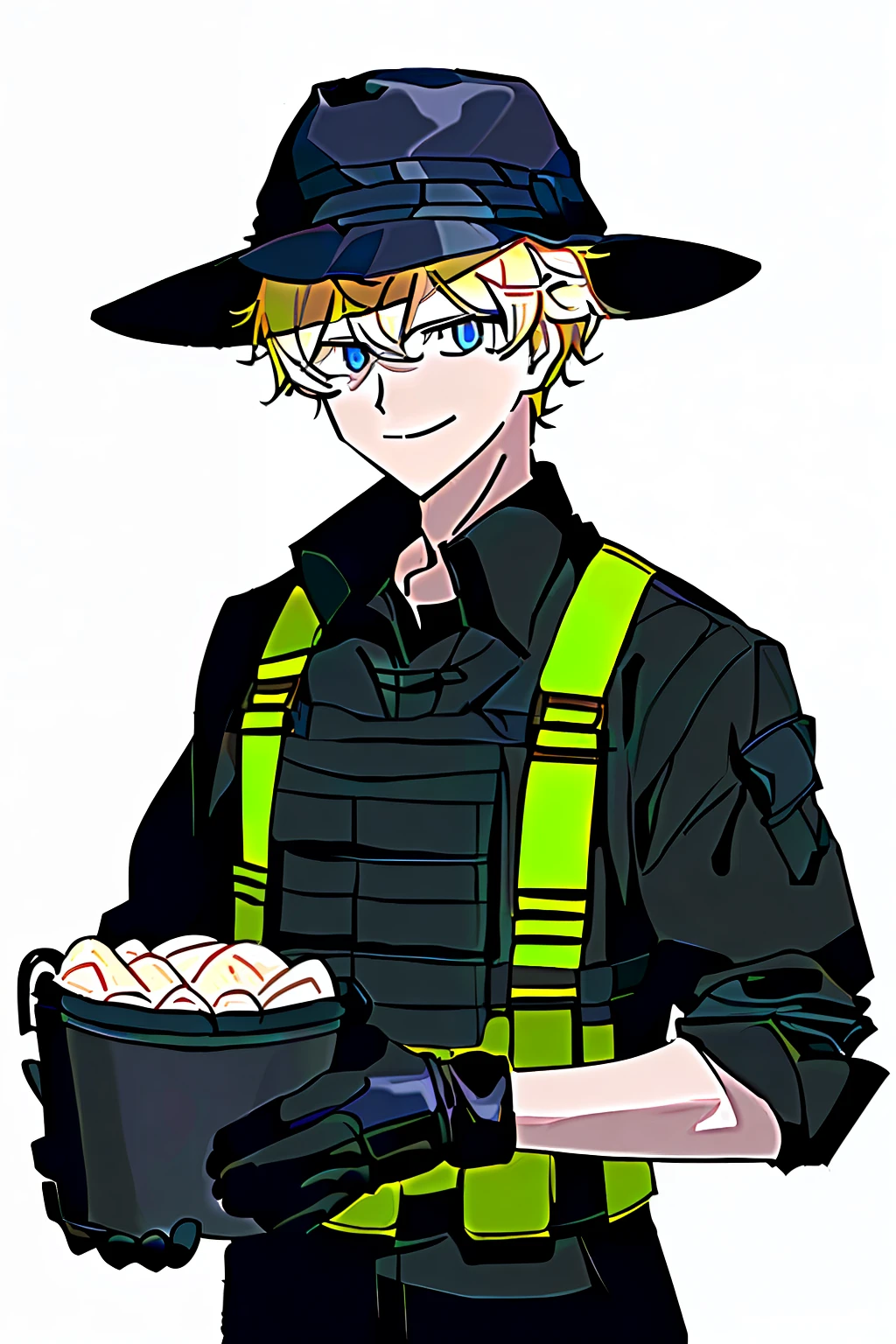 1990s \(style\),
1boy, dirty blond hair, black tactile shoes, black_shirt, black_pants, black tactical vest, gloves, black bucket hat, short hair, looking at viewer, closed mouth, blue eyes, retro artstyle, smile, solo, black gloves