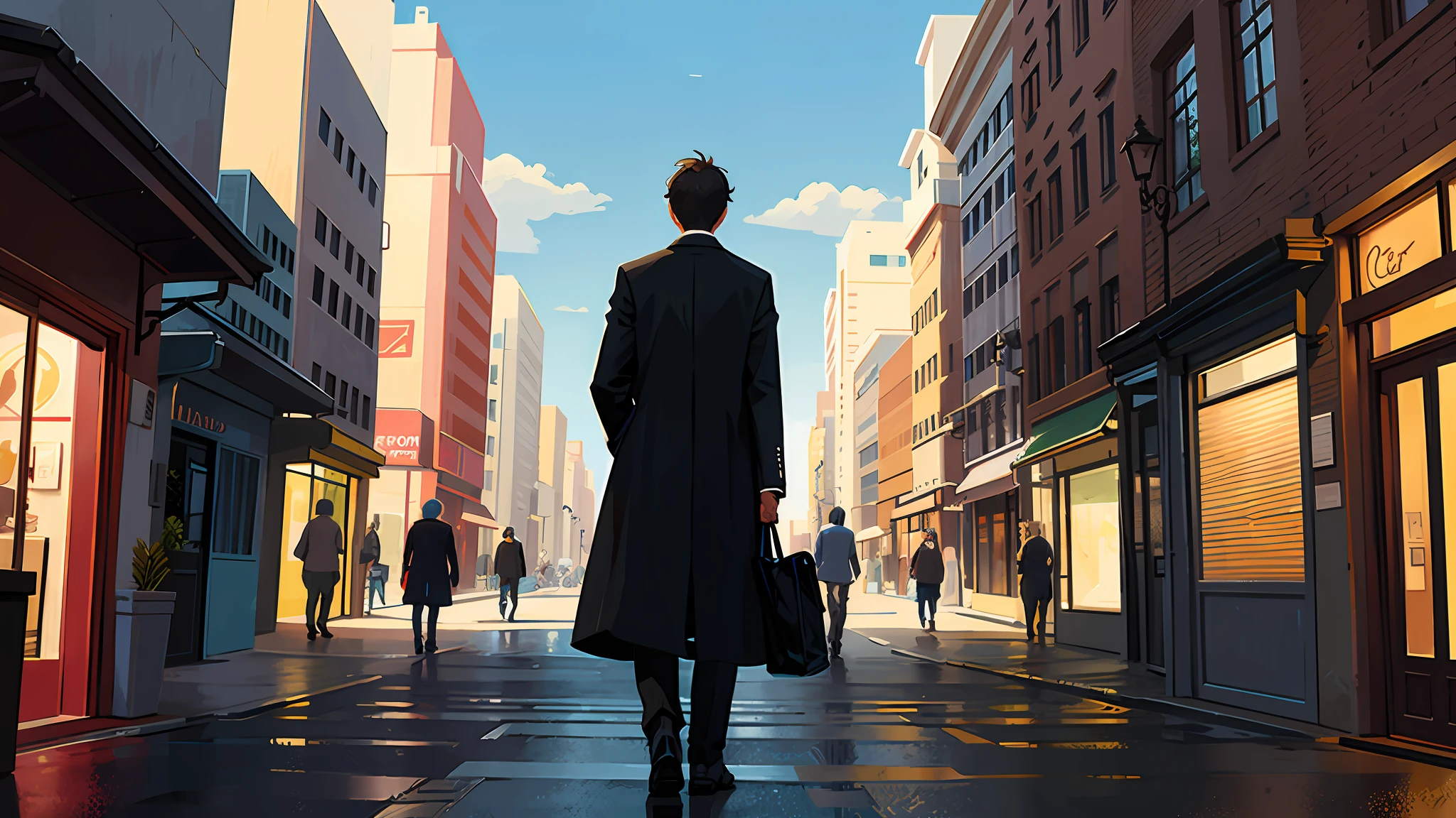 Illustration of a street scene with people and a man walking in the middle with a view of his back