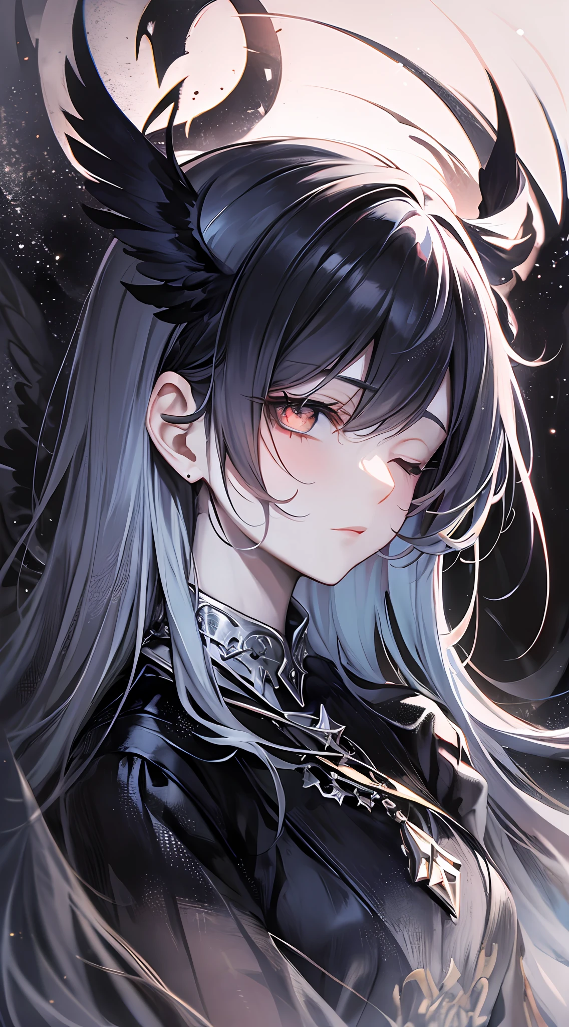 tmasterpiece,Portrait of an angel in prayer,Evil countenance,Three eyes,eye closeds,Black and white wings,A frame eroded by darkness and light