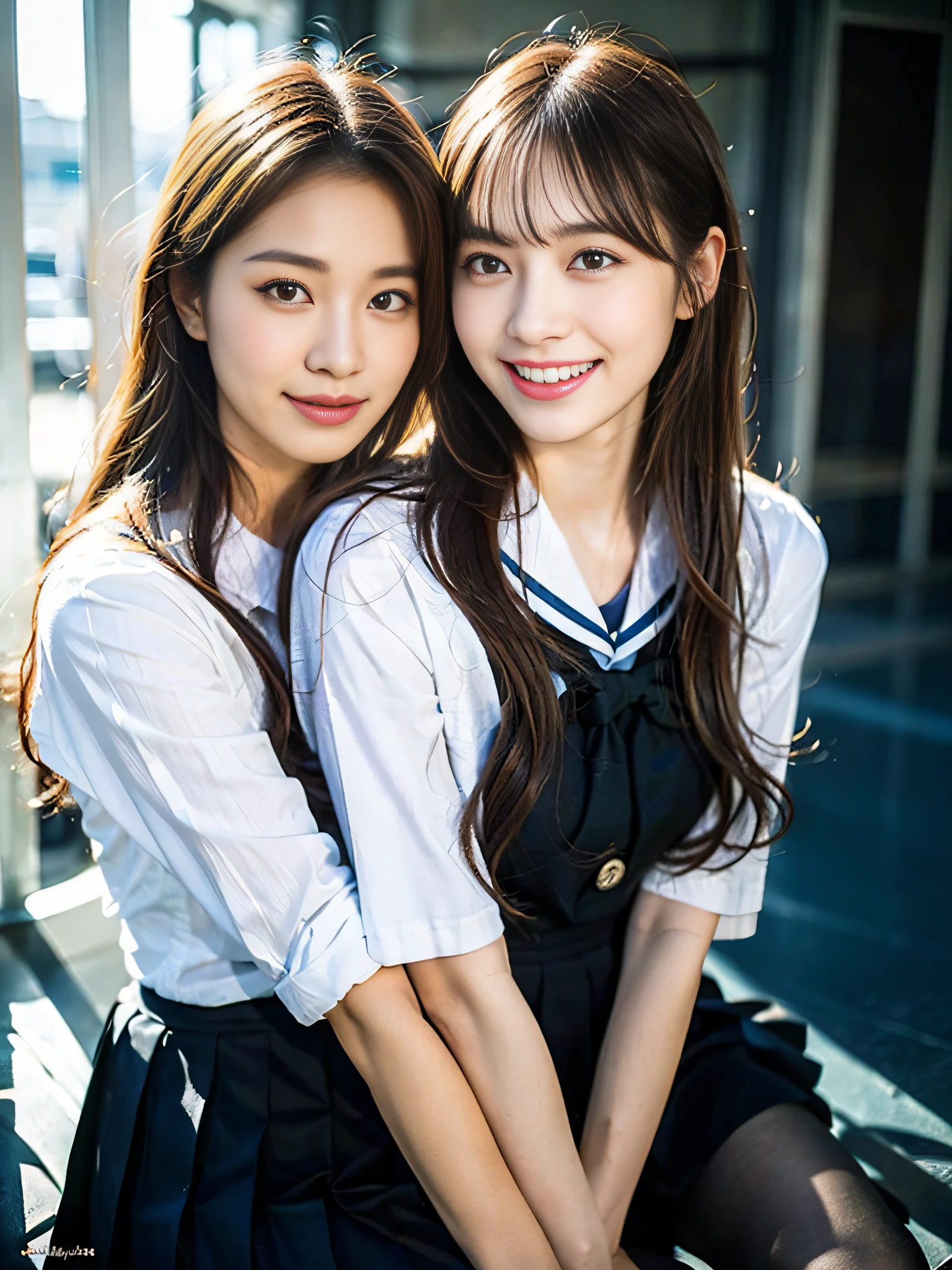 (8K、Raw photography、top-quality、masterpiece:1.2)、ultra-detailliert、ultra res、(hyper realisitic:1.4)、(Using the kiss you throw as a camera)From above、Camera from above、Camera angle from above、I'm looking at this with upward eyes、Arms outstretched、arms spread wide、High-quality images taken with a camera from above、Above the sea、、Offshore Girl(Fantastic lighting)head to waist、sexy pose、Very embarrassing、Erotic Poses、A sexy、Raw feet、odious waist、de pele branca、Fair-skinned female proofreading、An ultra-high picture quality、、Beautiful female proofreading reflecting in light、amazing detailed、Beautiful girls in very detailed、Faces with different patterns、Different face patterns、Each hairstyle has its own characteristics、Farbe々Hairstyle、Farbe々Hair color shining with clean light、I enjoy fishing on a boat、Brown hair shining in the light、One has a ponytail、、Modern cute high school girl、very detailed faces very detailed eyes、Very realistic skin、 extremely detailed fingers, highly detailed nose, highly detail mouth, perfect anatomia, Highly detailed sailor suit、、The details of their hair and uniforms shine through、Burning teeth and smiling、Realistic body, de pele branca, glistning skin, Slim body, Long straight hair, (Blunt bangs:1.2), , nixeu and sakimichan, TWICE, Seifuku, sakimichan, JK Uniform, wearing japanese school uniform, promo still, Larisa Manobal, Japan school uniform, japanese girl school uniform, alena aenami and lilia alvarado