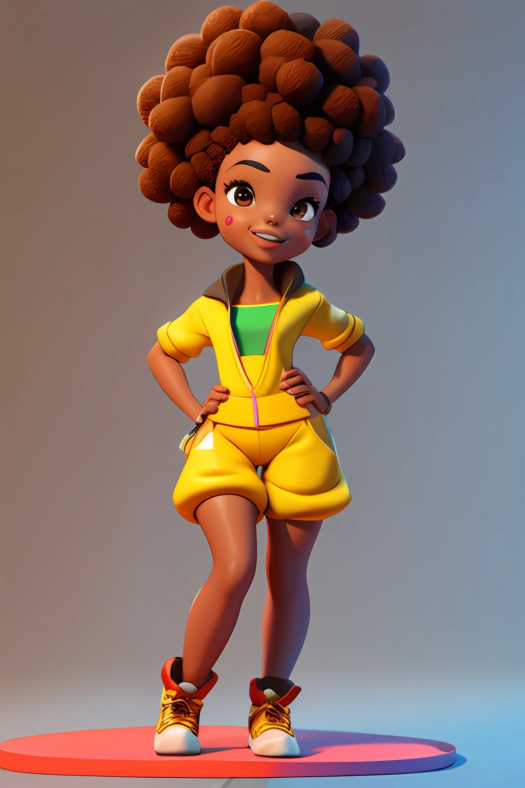 3dcharacter, 1 menina, negra, sardas, brown hazelnut eyes, frohawk rosa, jammers, (corpo inteiro: 1.2), fundo simples, obra-prima, melhor qualidade, (fundo gradiente de ameixa clara: 1.1) cor da pele negra , cabelos cacheado negro , 4k