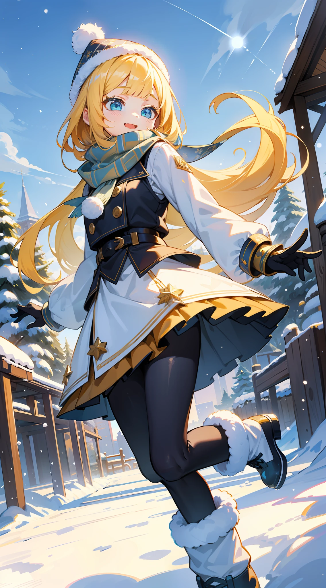 sfw,1girl, best quality, absurdres, official art, masterpiece, sharp focus, Delicate and beautiful hair and eyes and face, ultra detailed, beautiful girl, yellow hair with blue tips, gradient, jumping happy in park, wears a scarf with pattern, pompoms, winterhat, snowy, snowflakes, loose legwarmers with tights, skirt with a fluffy furry trim, big chunky boots, she is cute,sfw, epic scenery, great background, cute, kawaii, plants, blueyellow