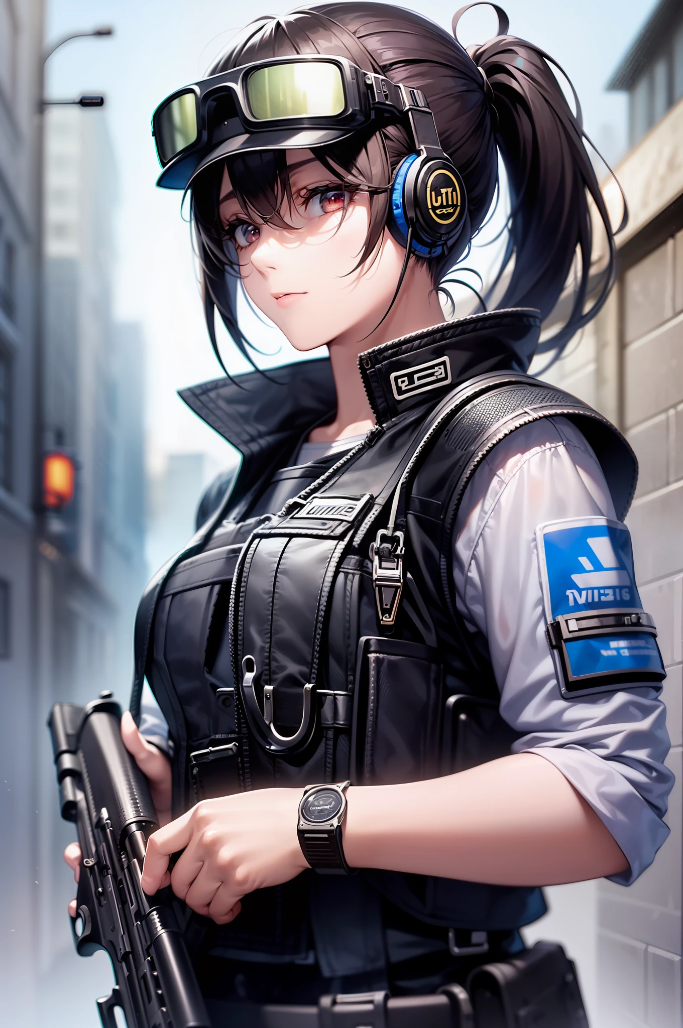 (((With a submachine gun)))