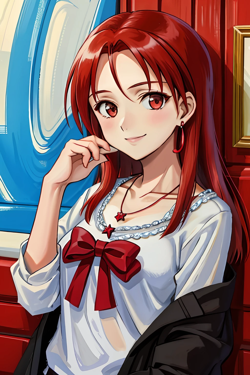 Minna-Dietlinde Wilke, red_hair, long hair, portrait, upper body, smile, casual, ruby necklace